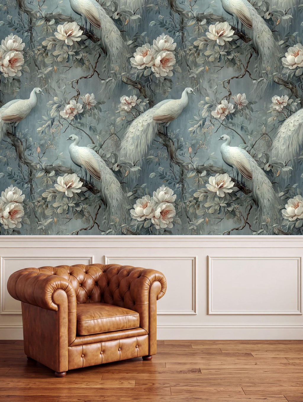 a large wallpapered wall with a repeating pattern of white peacock feathers and pink flowers, creating a serene and elegant atmosphere. In the foreground, there is a brown leather armchair, adding a touch of warmth and sophistication to the scene.