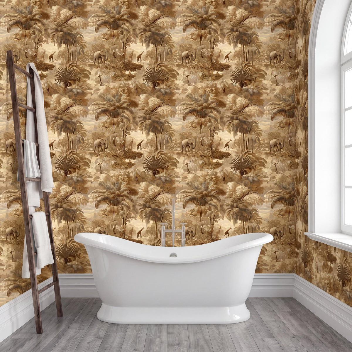 a luxurious bathroom with a freestanding bathtub, a wooden ladder, and a tropical wallpaper pattern.