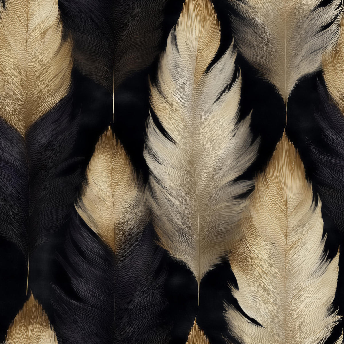 a close-up view of numerous feathers, predominantly in shades of black and white, with some brown feathers interspersed throughout. The feathers appear to be arranged in a repeating pattern, creating a visually striking and intricate design.