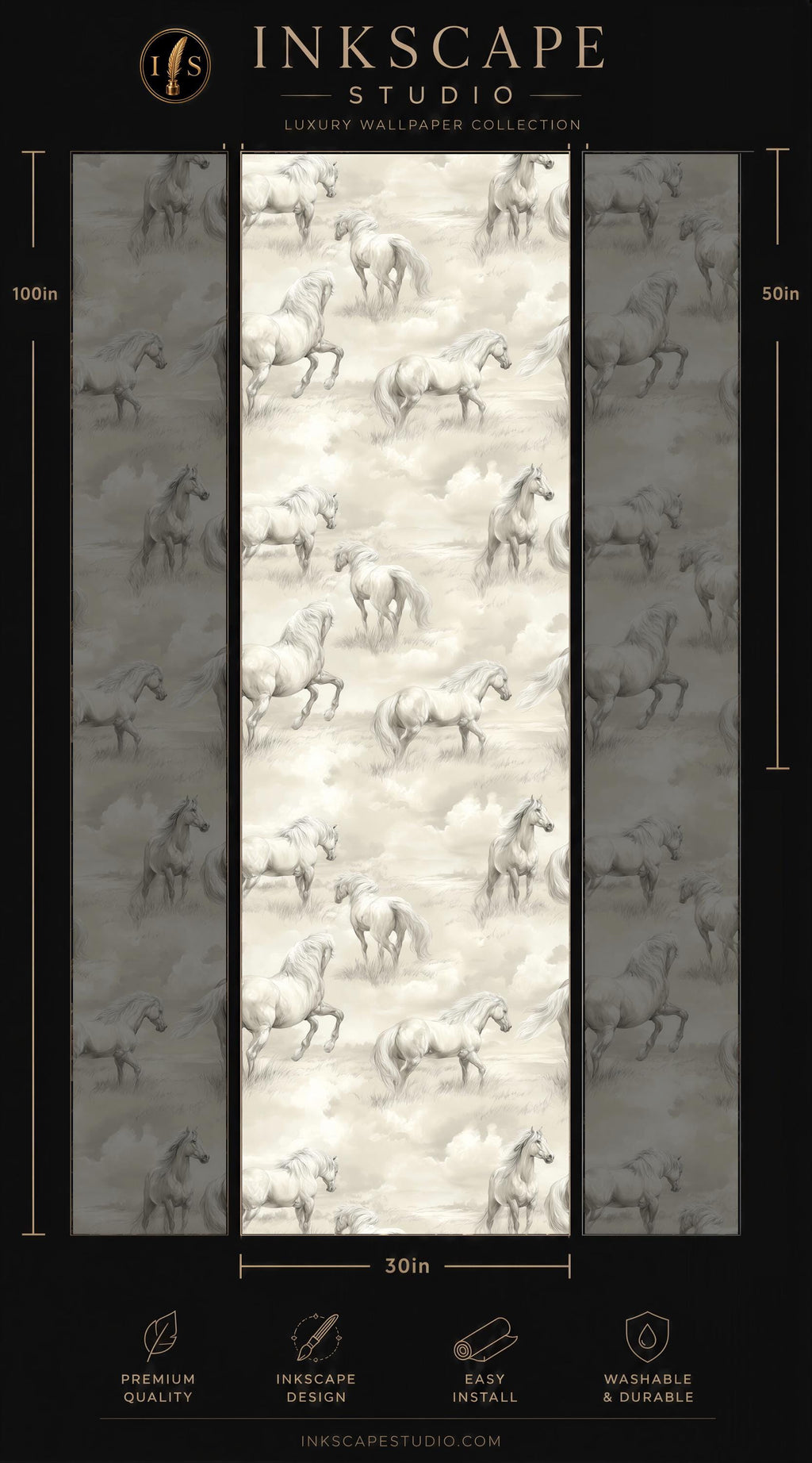 The image is a collage of multiple images depicting horses in various poses and settings, with a focus on the repeating pattern of horses in the center.