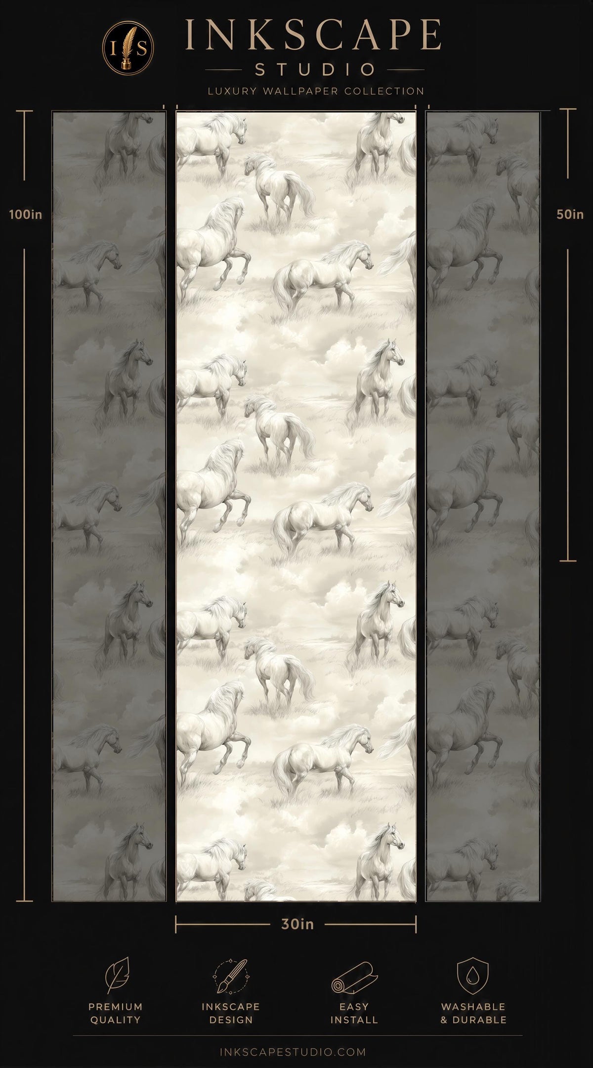 The image is a collage of multiple images depicting horses in various poses and settings, with a focus on the repeating pattern of horses in the center.