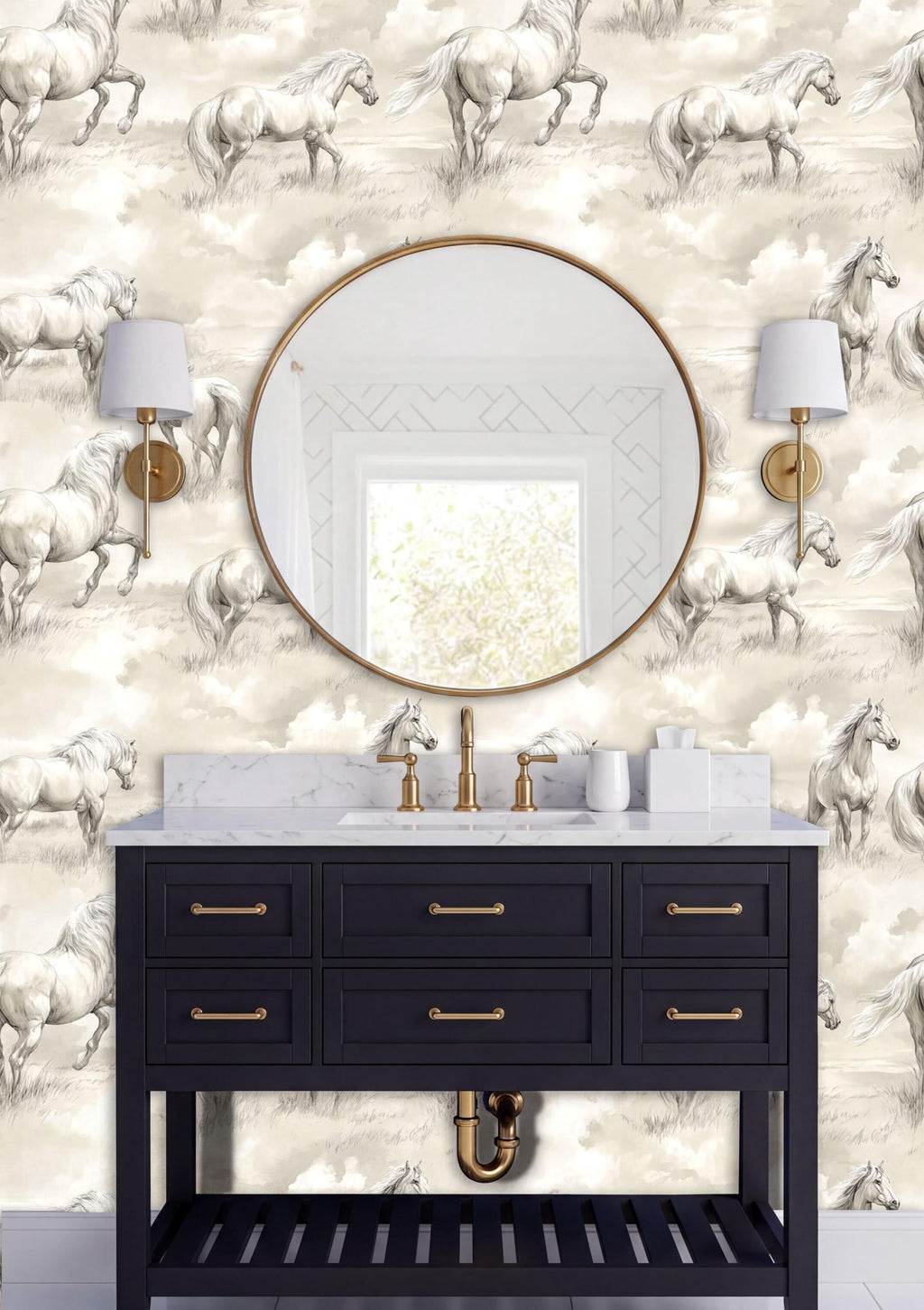 a bathroom vanity with a black cabinet, a round mirror, and two wall sconces. The wall behind the vanity has a wallpaper with a horse motif.