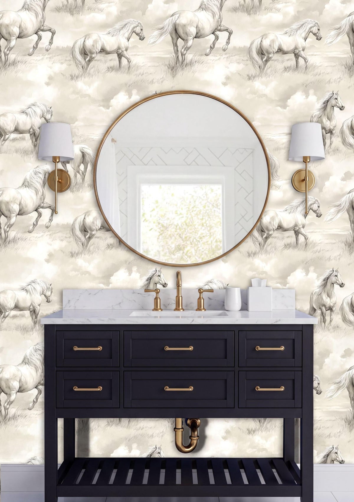 a bathroom vanity with a black cabinet, a round mirror, and two wall sconces. The wall behind the vanity has a wallpaper with a horse motif.