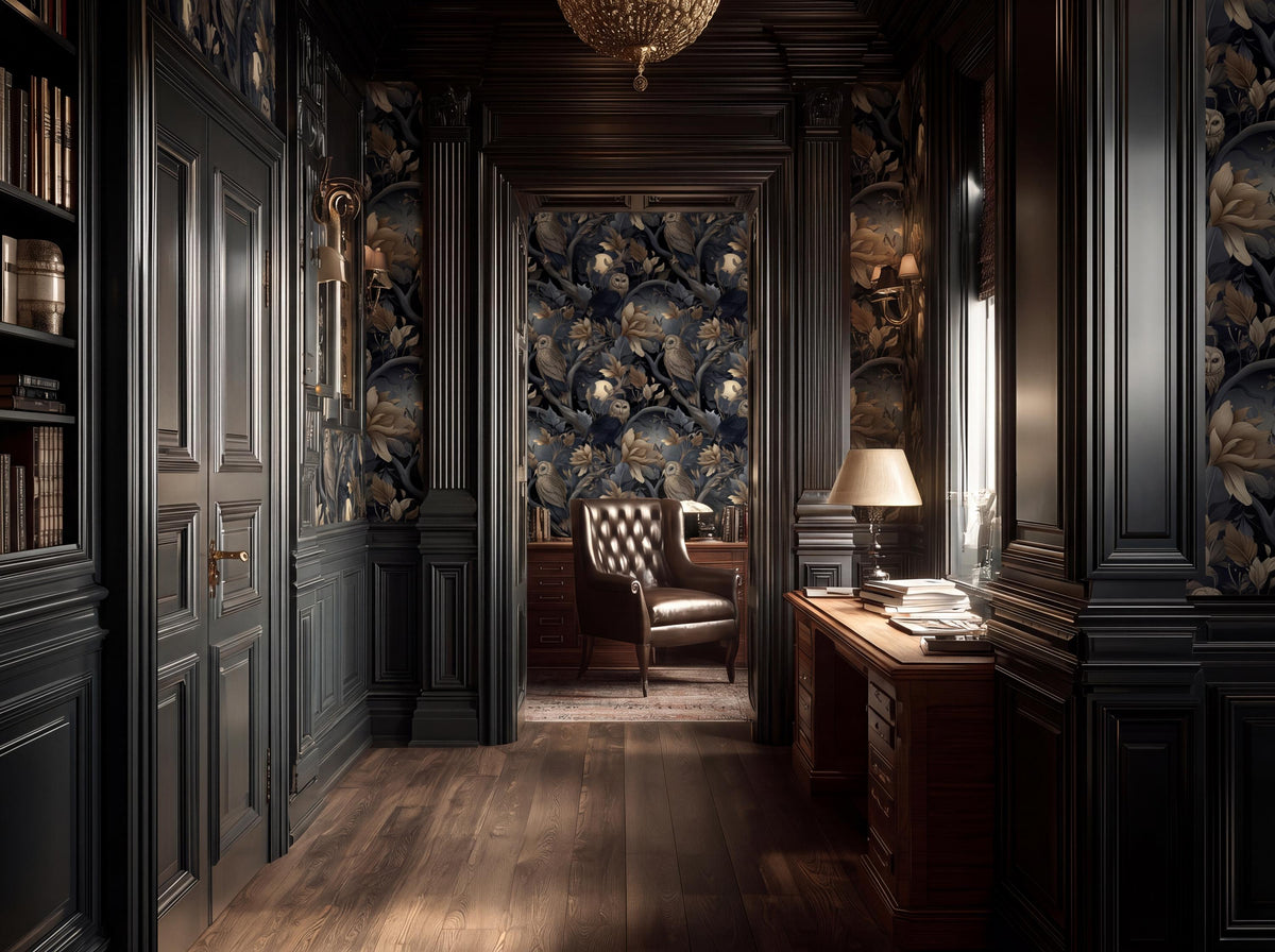 a luxurious and elegant room with dark wood paneling, a chandelier, and a desk with a lamp. The room has a high ceiling and a large window, allowing natural light to enter the space. The walls are adorned with a floral wallpaper, adding a touch of sophistication to the room. The room is furnished with a leather armchair, a wooden desk, and a bookshelf filled with books, creating a cozy and inviting atmosphere.