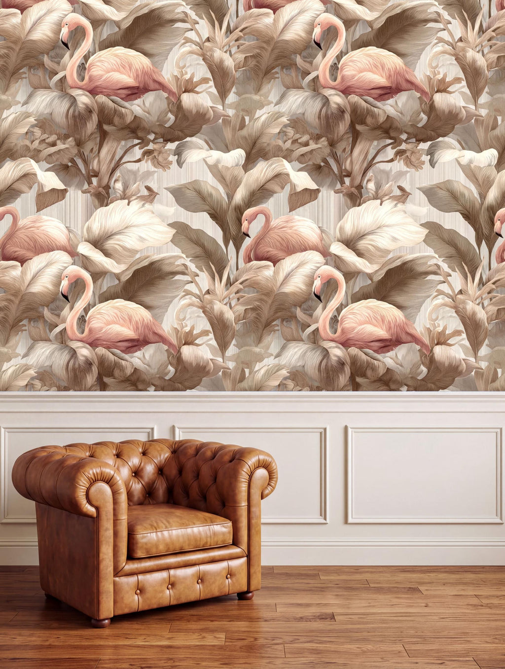 a large wallpapered wall with a repeating pattern of pink flamingos and green leaves, creating a tropical ambiance. In the foreground, there is a brown leather armchair, adding a touch of elegance to the scene.
