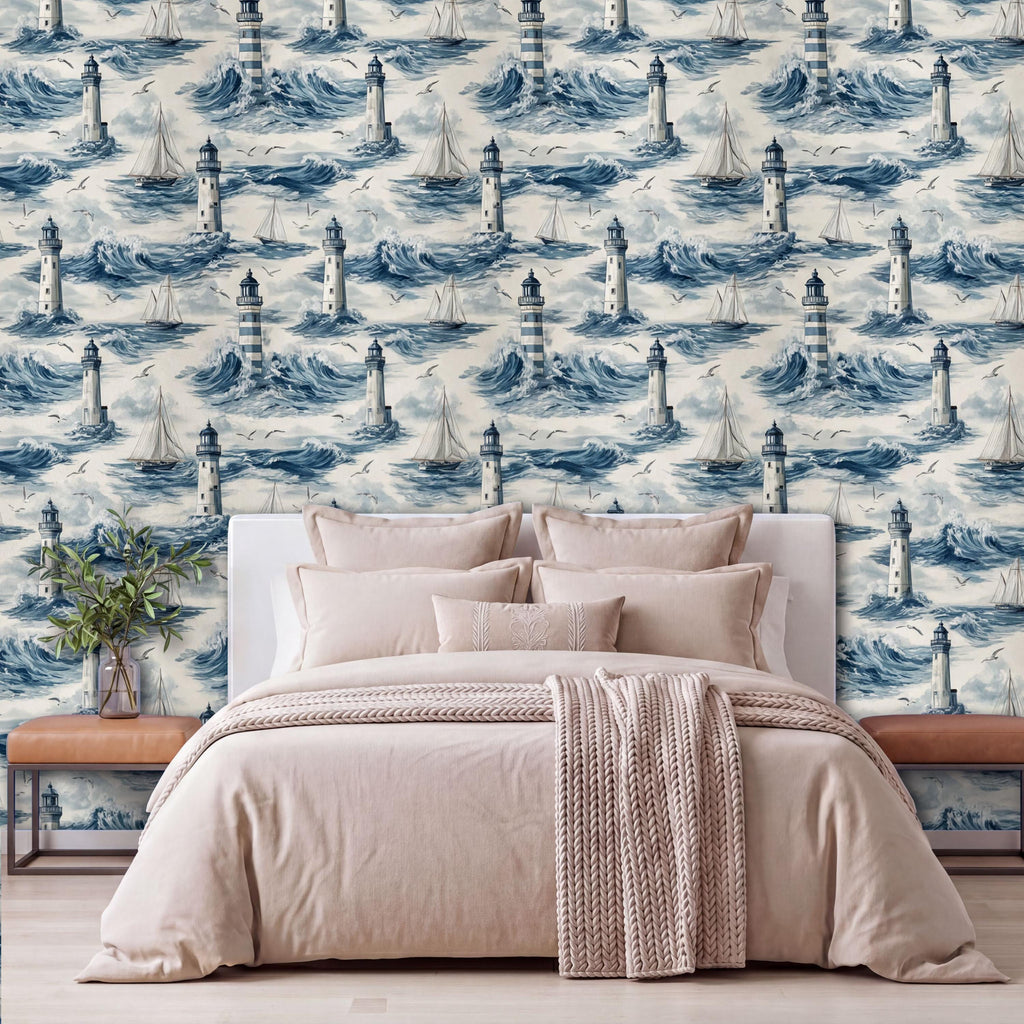a bedroom with a large bed, a wooden nightstand, and a wallpapered wall with a lighthouse pattern.