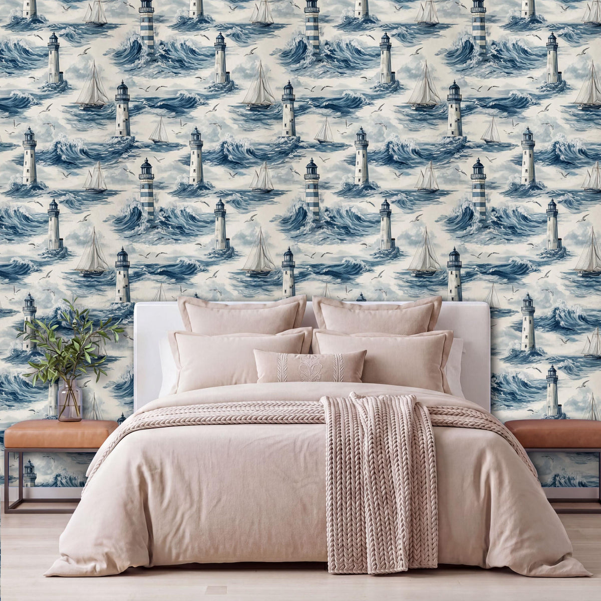 a bedroom with a large bed, a wooden nightstand, and a wallpapered wall with a lighthouse pattern.