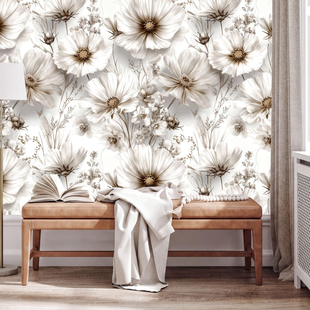 a wooden bench with an open book on it, set against a wall with a floral wallpaper.