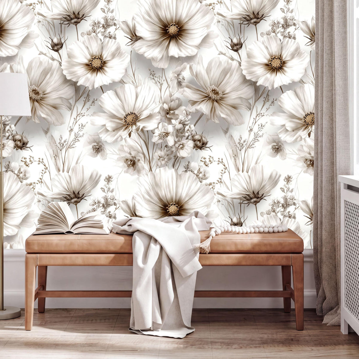 a wooden bench with an open book on it, set against a wall with a floral wallpaper.