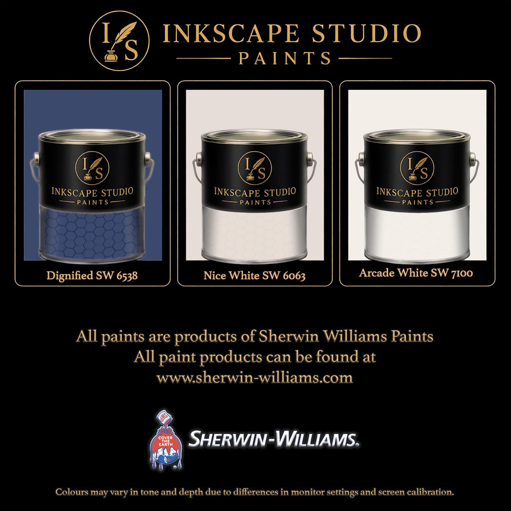 The image is an advertisement for Sherwin Williams paints, featuring three different paint colors: Blue, White, and White.