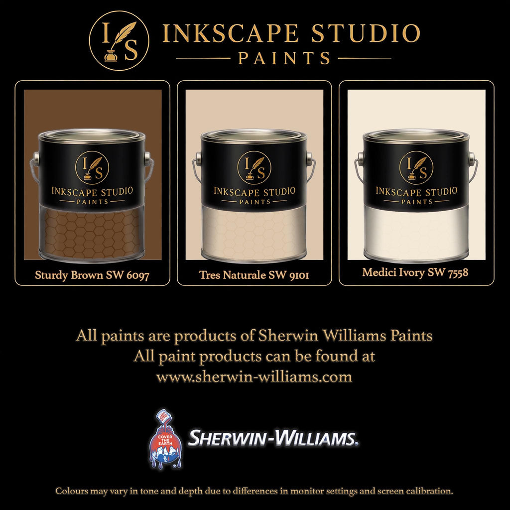 The image is an advertisement for Sherwin Williams paints, featuring three different paint color samples from the Inkscape Studio.