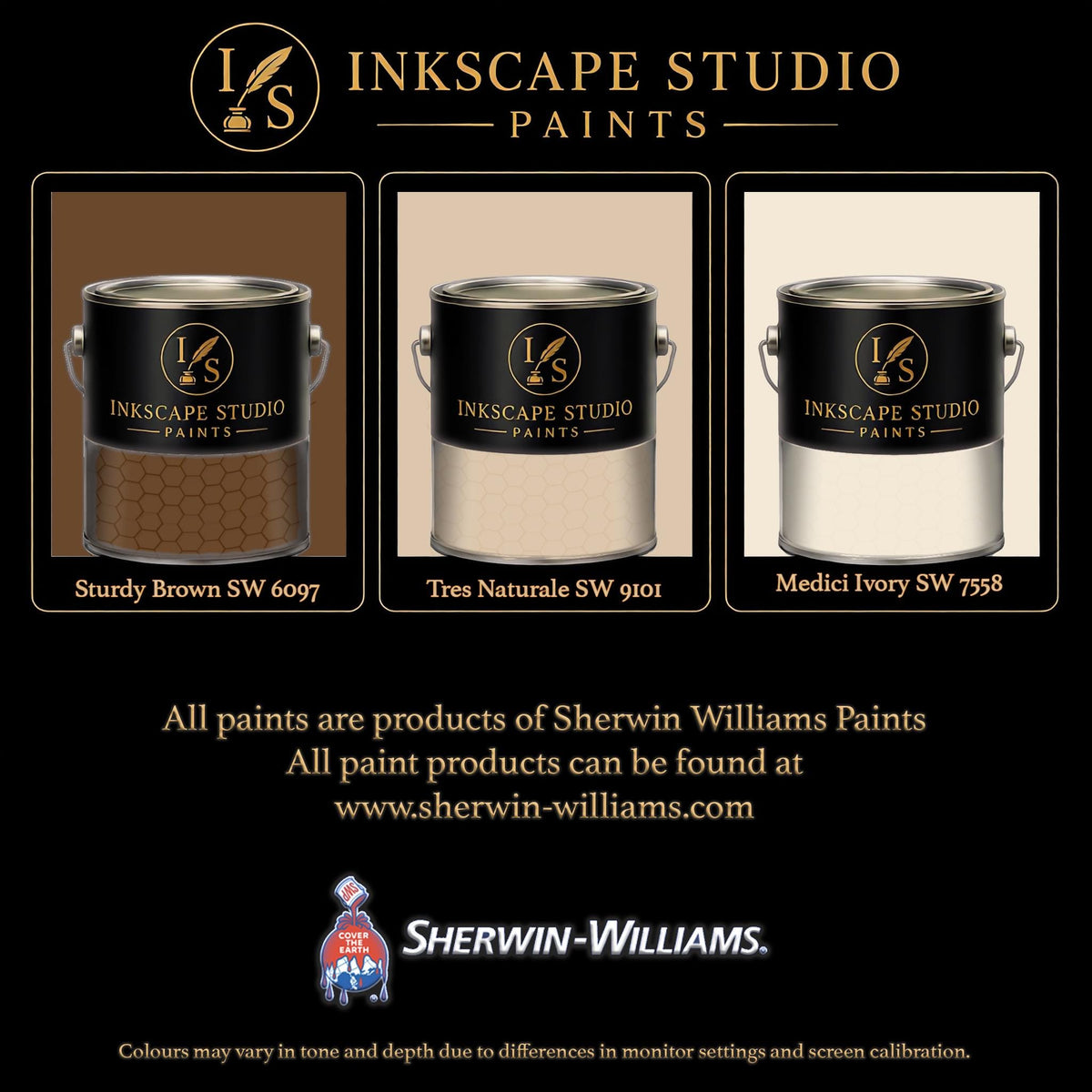 The image is an advertisement for Sherwin Williams paints, featuring three different paint color samples from the Inkscape Studio.