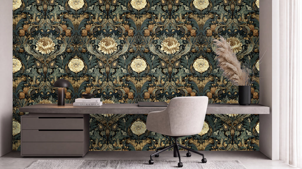 a modern workspace with a large, ornate wallpaper pattern in shades of green, gold, and black. The workspace includes a gray desk, a white chair, and a black lamp.