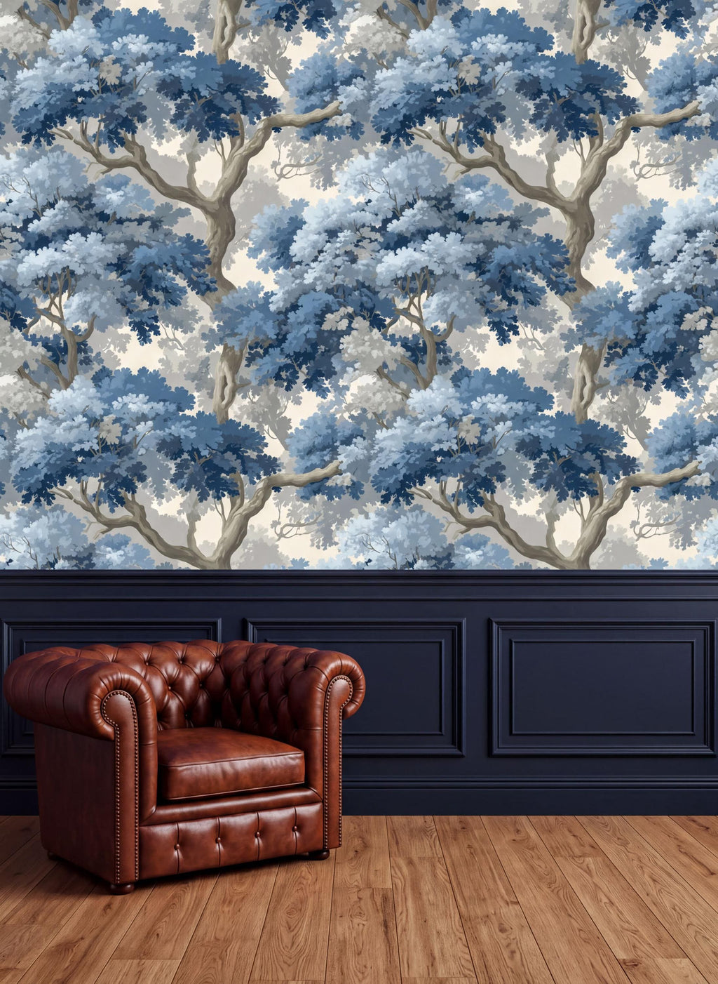 a brown leather armchair positioned in front of a blue and white wallpaper pattern with a tree design.