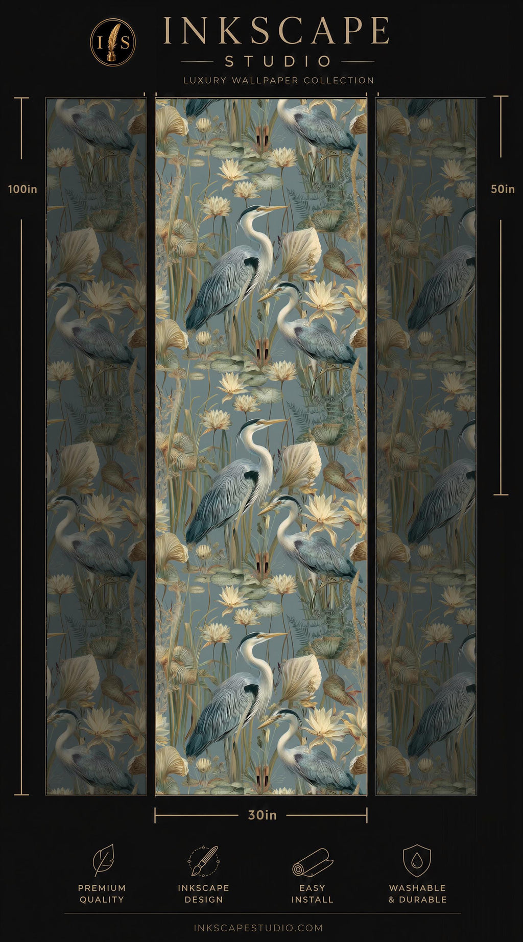 The image is a collage of three images featuring a pattern of blue and white birds in a pond setting. The collage is titled "INScape Studio" and includes a "Premium Wallpaper Collection" and dimensions of 50 inches.