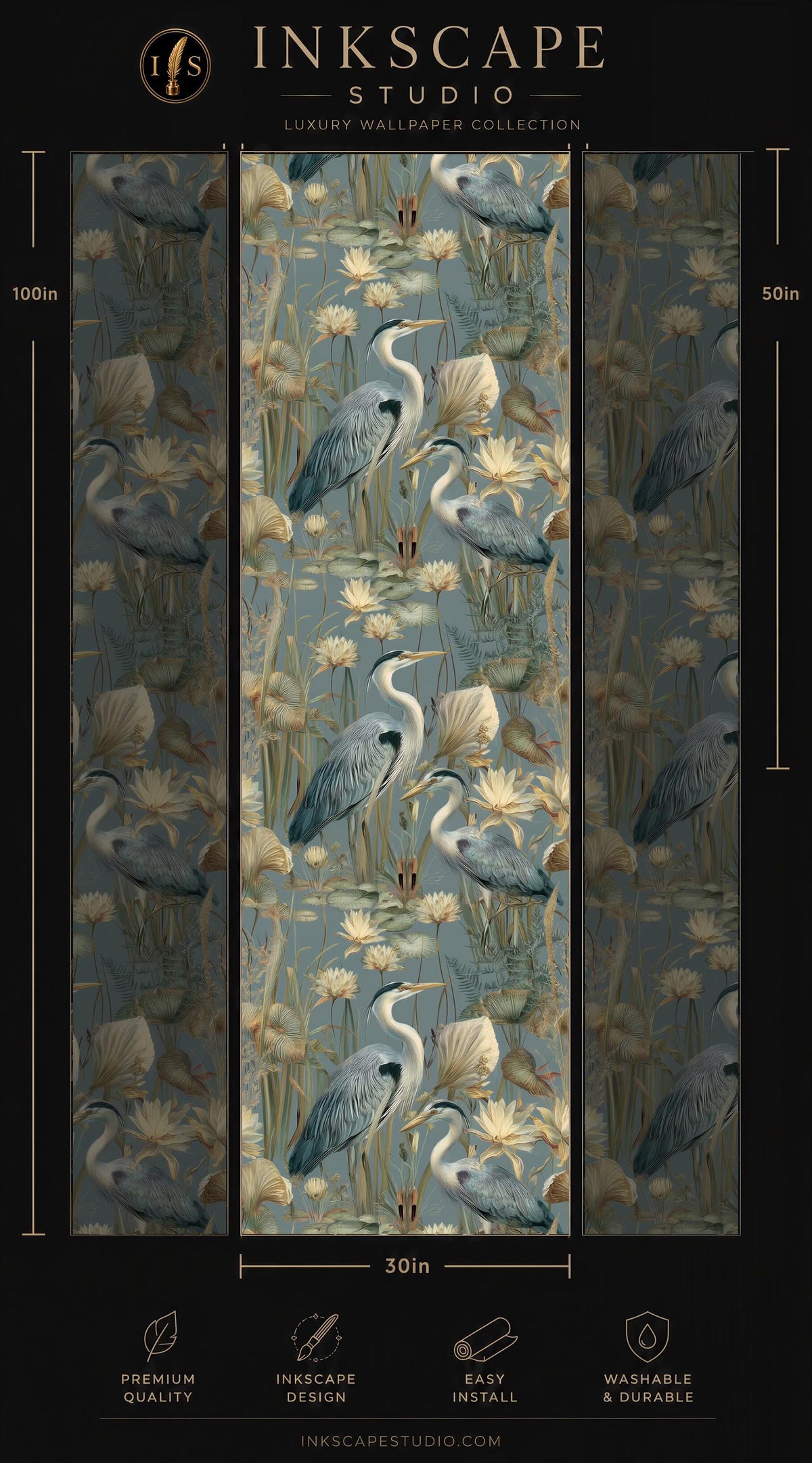 The image is a collage of three images featuring a pattern of blue and white birds in a pond setting. The collage is titled "INScape Studio" and includes a "Premium Wallpaper Collection" and dimensions of 50 inches.