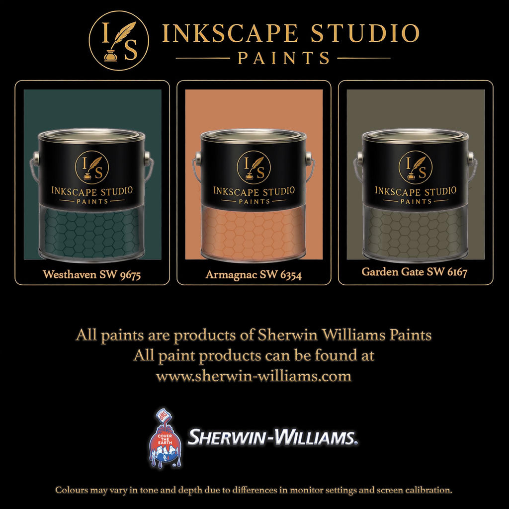 The image is an advertisement for Sherwin Williams paints, featuring three different paint color samples from the Inkscape Studio.