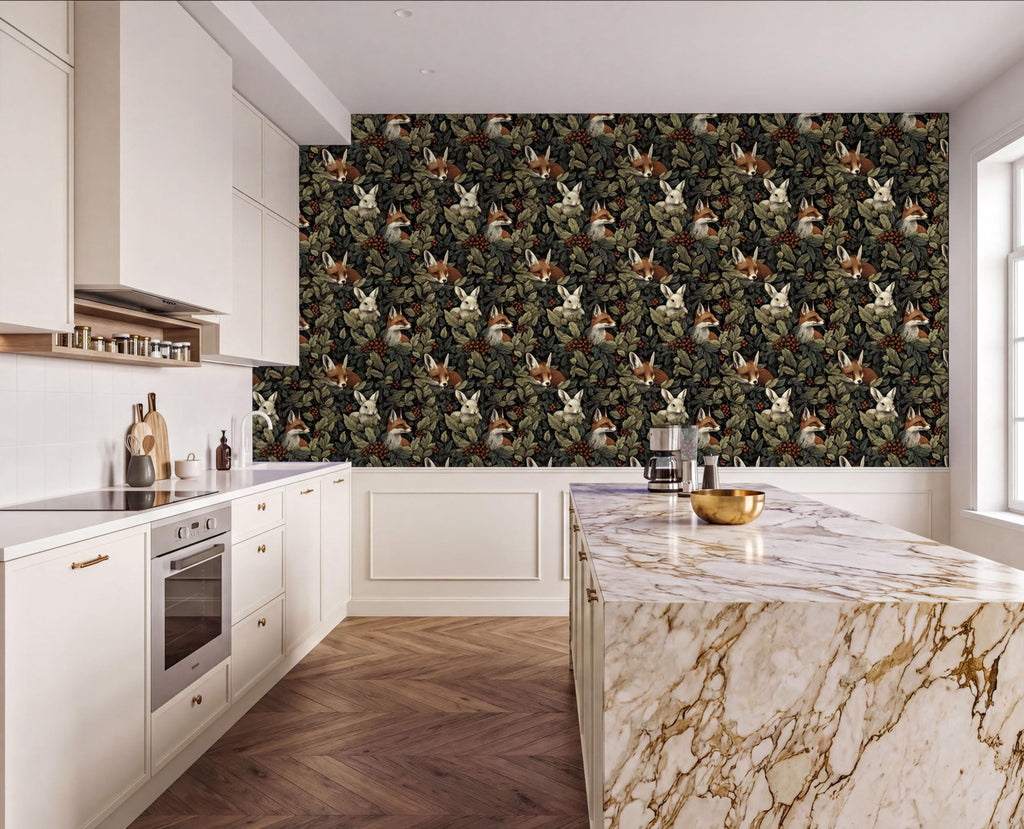 a modern kitchen with a large, ornate marble countertop and a wallpapered wall featuring a repeating pattern of foxes and other wildlife. The kitchen is well-equipped with white cabinets and a stainless steel oven, and the overall design has a clean and elegant aesthetic.