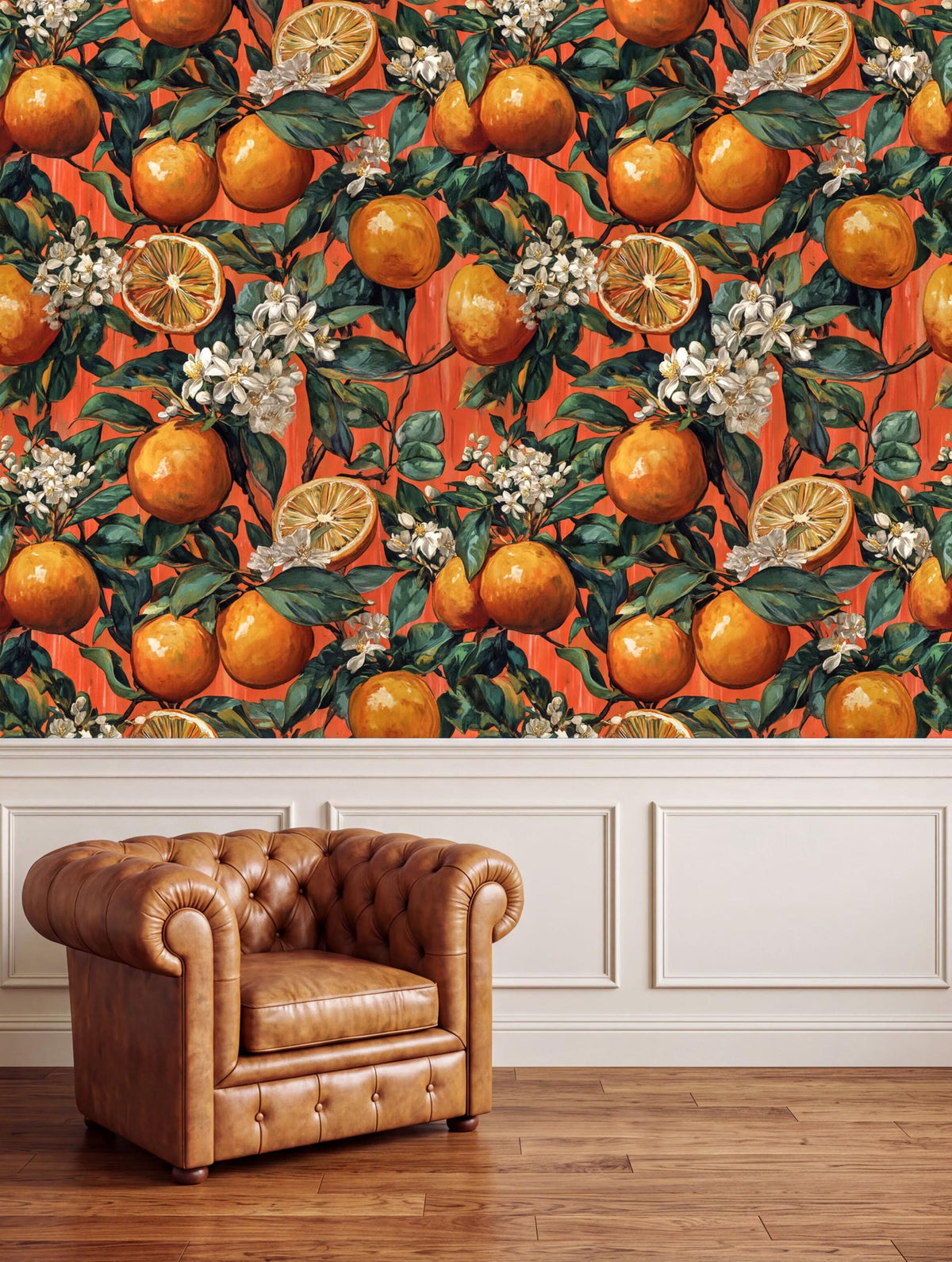 a vibrant wallpaper with a repeating pattern of oranges and white flowers, creating a lively and fresh atmosphere. In the foreground, there is a brown leather armchair, adding a touch of elegance to the scene.