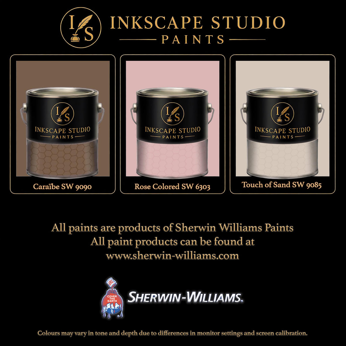 The image is an advertisement for Sherwin Williams paints, featuring three different paint colors: Caribbe 990, Rose Colored 6303, and Touch of Sand 985. The text highlights that all paints are products of Sherwin Williams Paints, and the website www.herwin-williams.com is provided for further information. The image also mentions that the colors may vary in tone and depth due to differences in monitor settings and screen calibration.