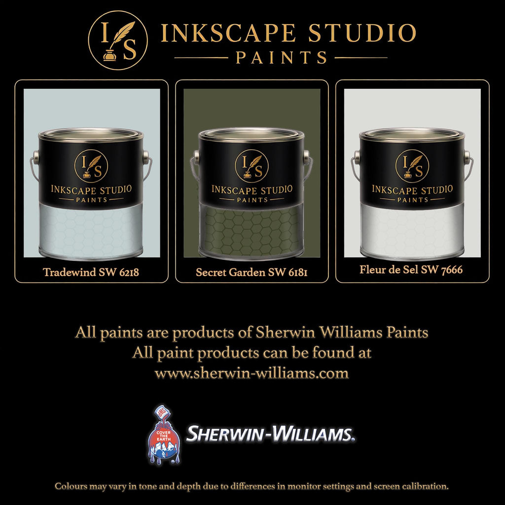 The image is an advertisement for Sherwin Williams paints, featuring three different paint colors from the Inkscape Studio Paints collection.