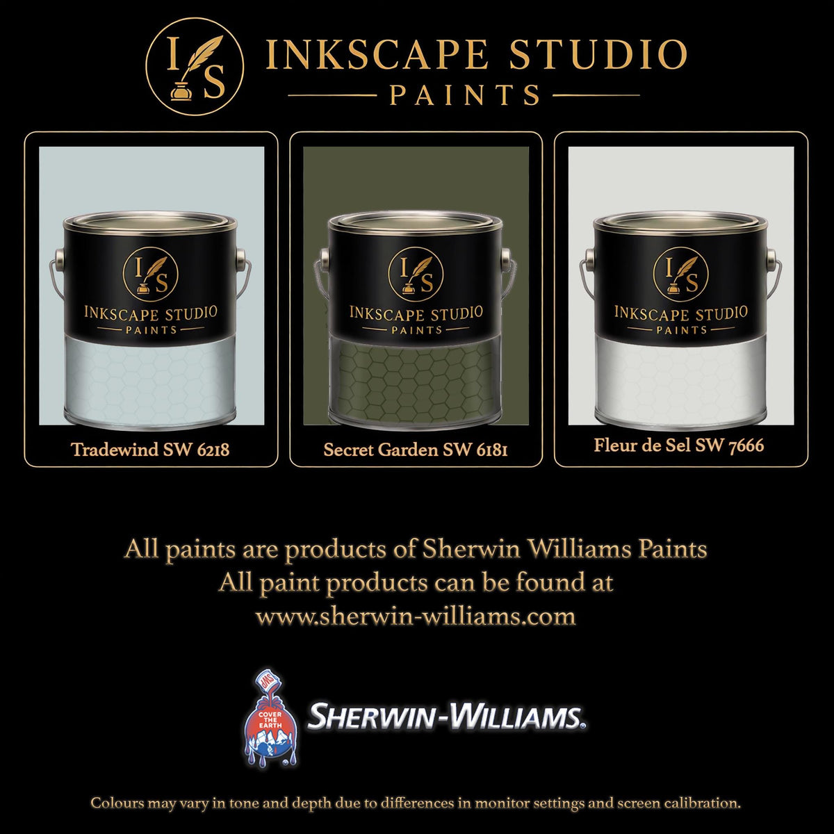 The image is an advertisement for Sherwin Williams paints, featuring three different paint colors from the Inkscape Studio Paints collection.