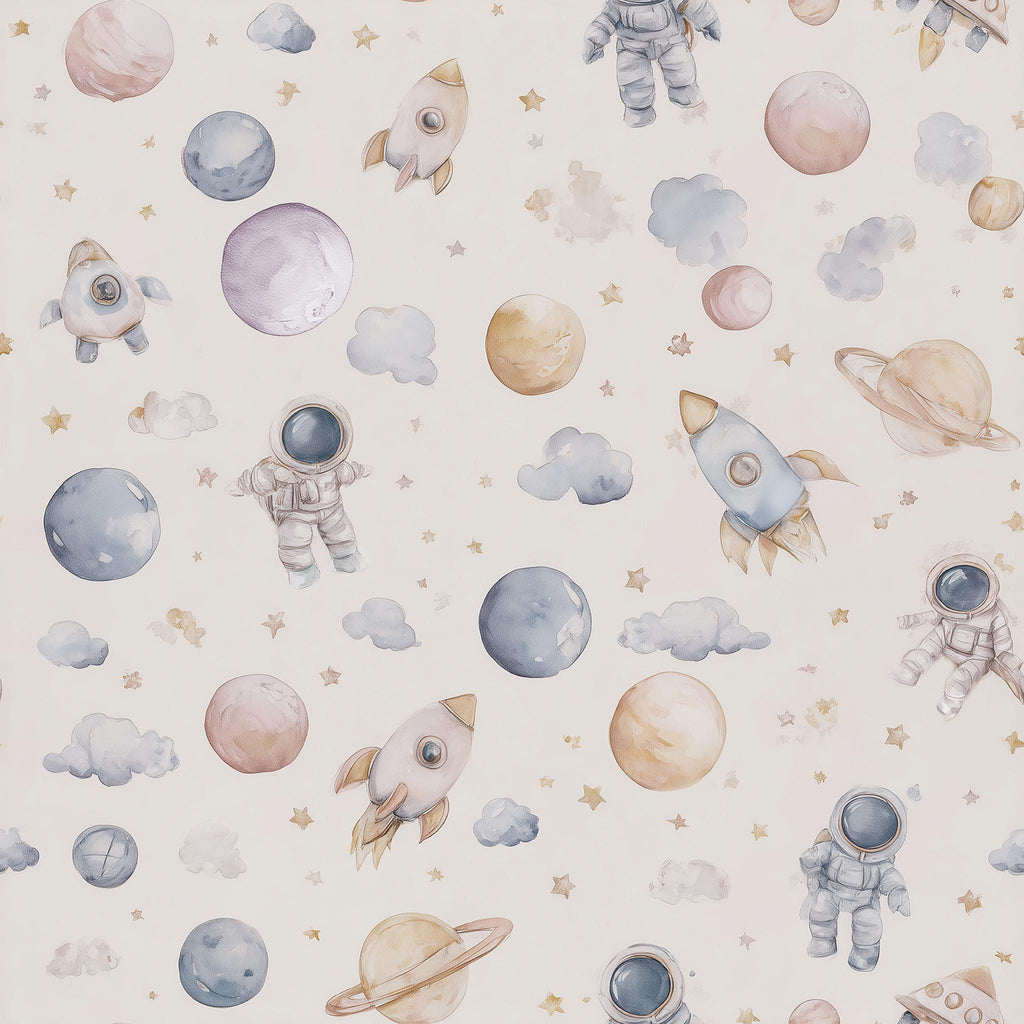 a repeating pattern of various space-themed objects, including planets, stars, and spacesuits, all rendered in a watercolor style.
