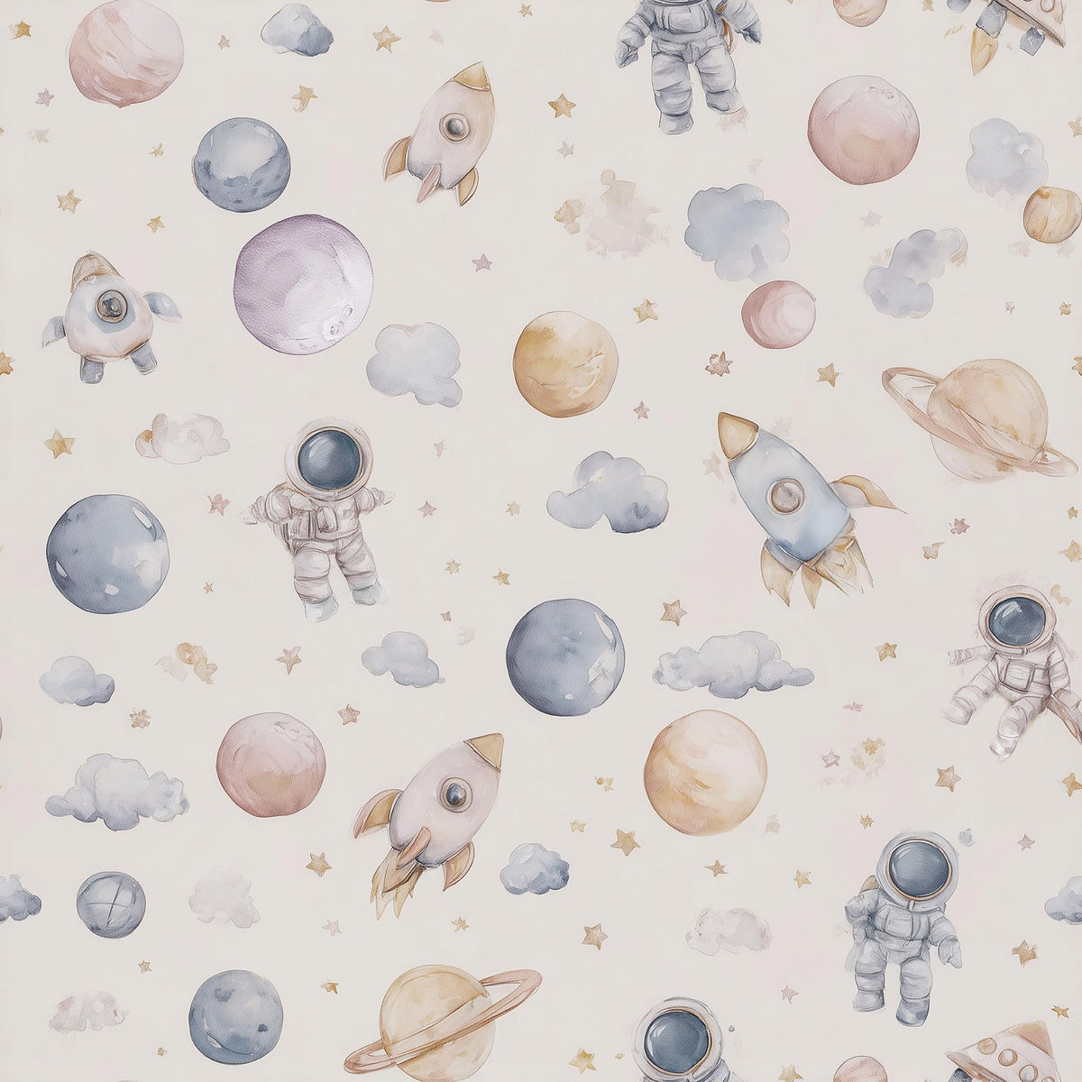 a repeating pattern of various space-themed objects, including planets, stars, and spacesuits, all rendered in a watercolor style.
