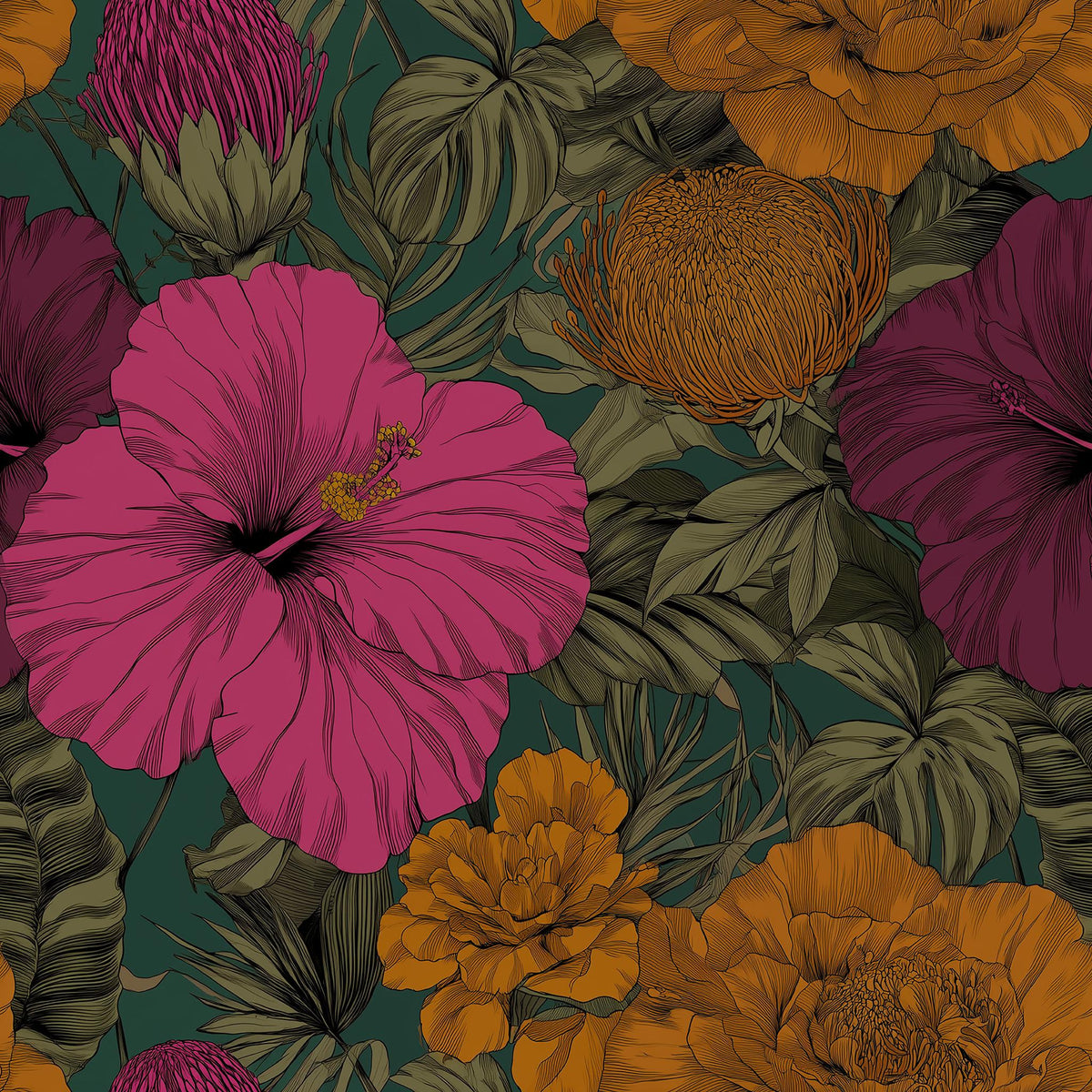 The image is a vibrant and detailed illustration of various tropical flowers and leaves, including hibiscus, peonies, and other colorful blooms, set against a dark green background.