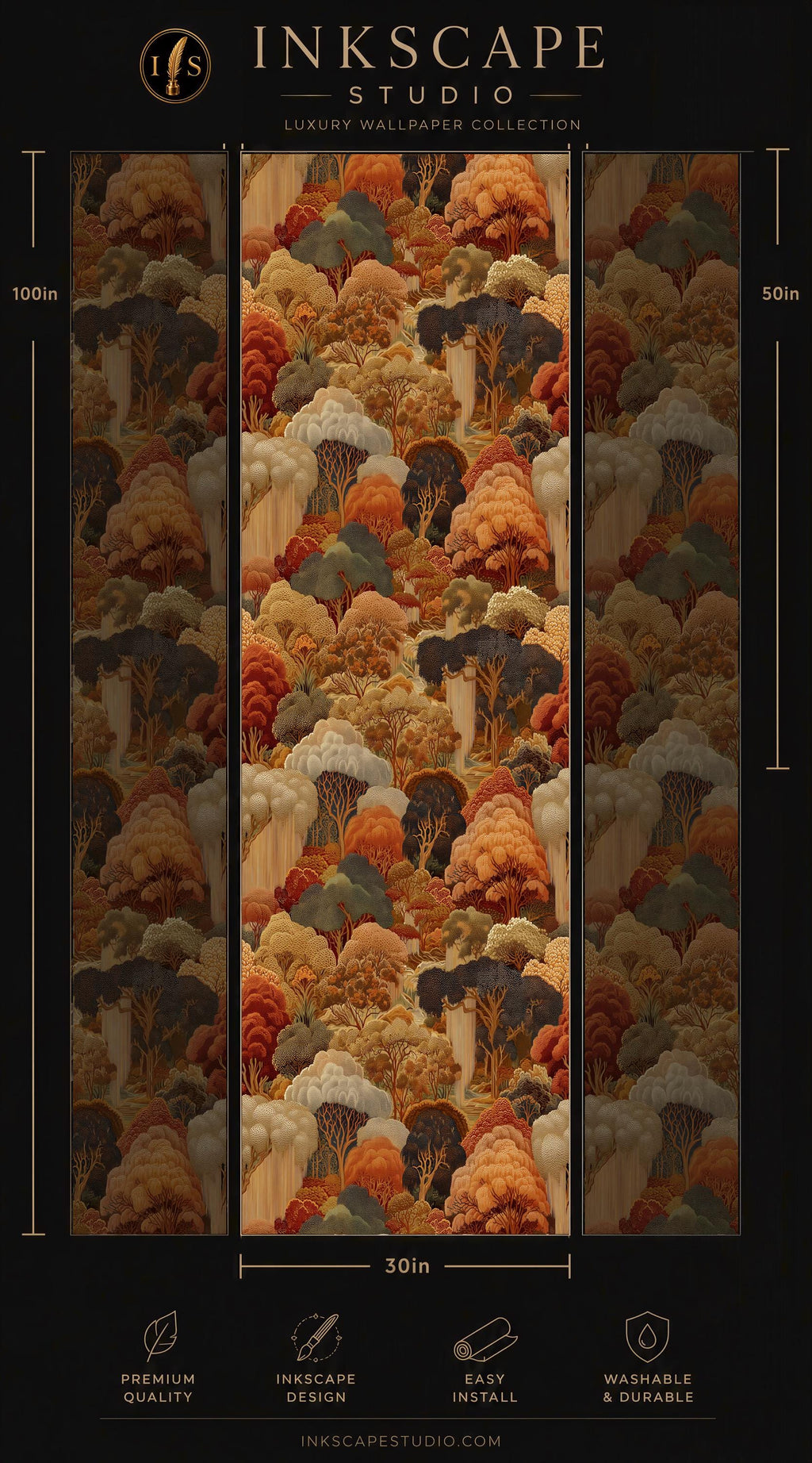 The image is a collage of three images depicting a forest scene with various shades of green, orange, and brown trees. The collage is titled "INScape Studio" and is described as a "LUXURY WALLPAPER COLLECTION". The image is 50 inches wide and 30 inches tall. It is described as "PREMIUM QUALITY" and "EASY TO INSTALL". The collage is from the website "INScapeStudio.com".