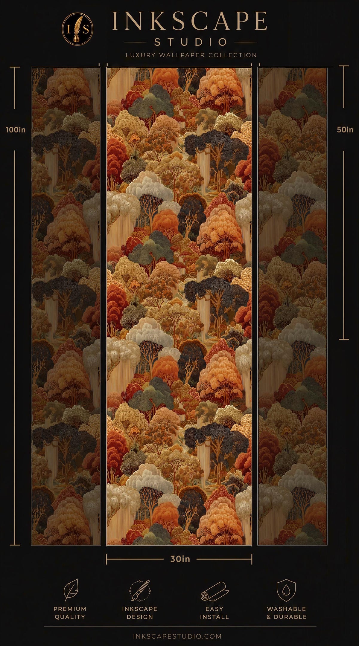 The image is a collage of three images depicting a forest scene with various shades of green, orange, and brown trees. The collage is titled "INScape Studio" and is described as a "LUXURY WALLPAPER COLLECTION". The image is 50 inches wide and 30 inches tall. It is described as "PREMIUM QUALITY" and "EASY TO INSTALL". The collage is from the website "INScapeStudio.com".