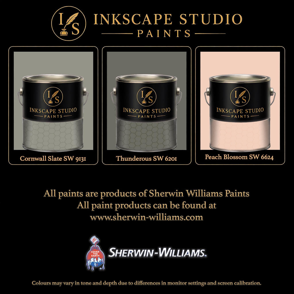 The image is an advertisement for Sherwin Williams paints, featuring three different paint colors from the Inkscape Studio: Cornwall slate, Thunderous, and Peach Blossom. The text highlights that all paints are products of Sherwin Williams Paints, and the website www.herwin-williams.com is provided for further information. The image also mentions that the colors may vary in terms of tone and depth due to differences in monitor settings and screen calibration.