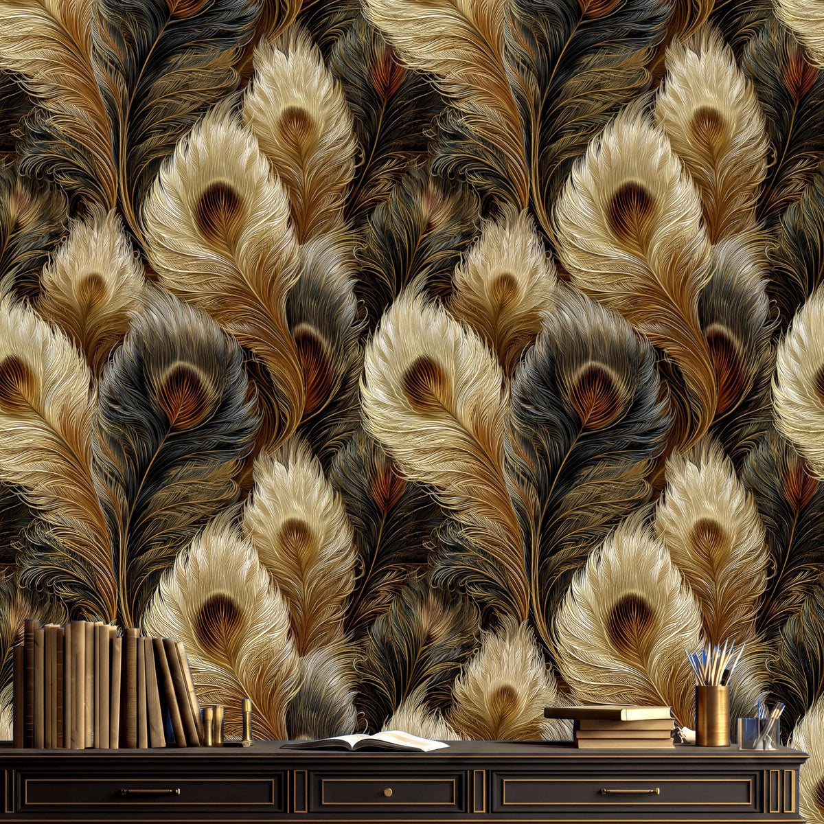 a wallpapered wall with a large, intricate pattern of peacock feathers in various shades of brown, black, and gold. The wallpapered wall is set against a dark wooden desk, which has a collection of books and pens arranged on it.