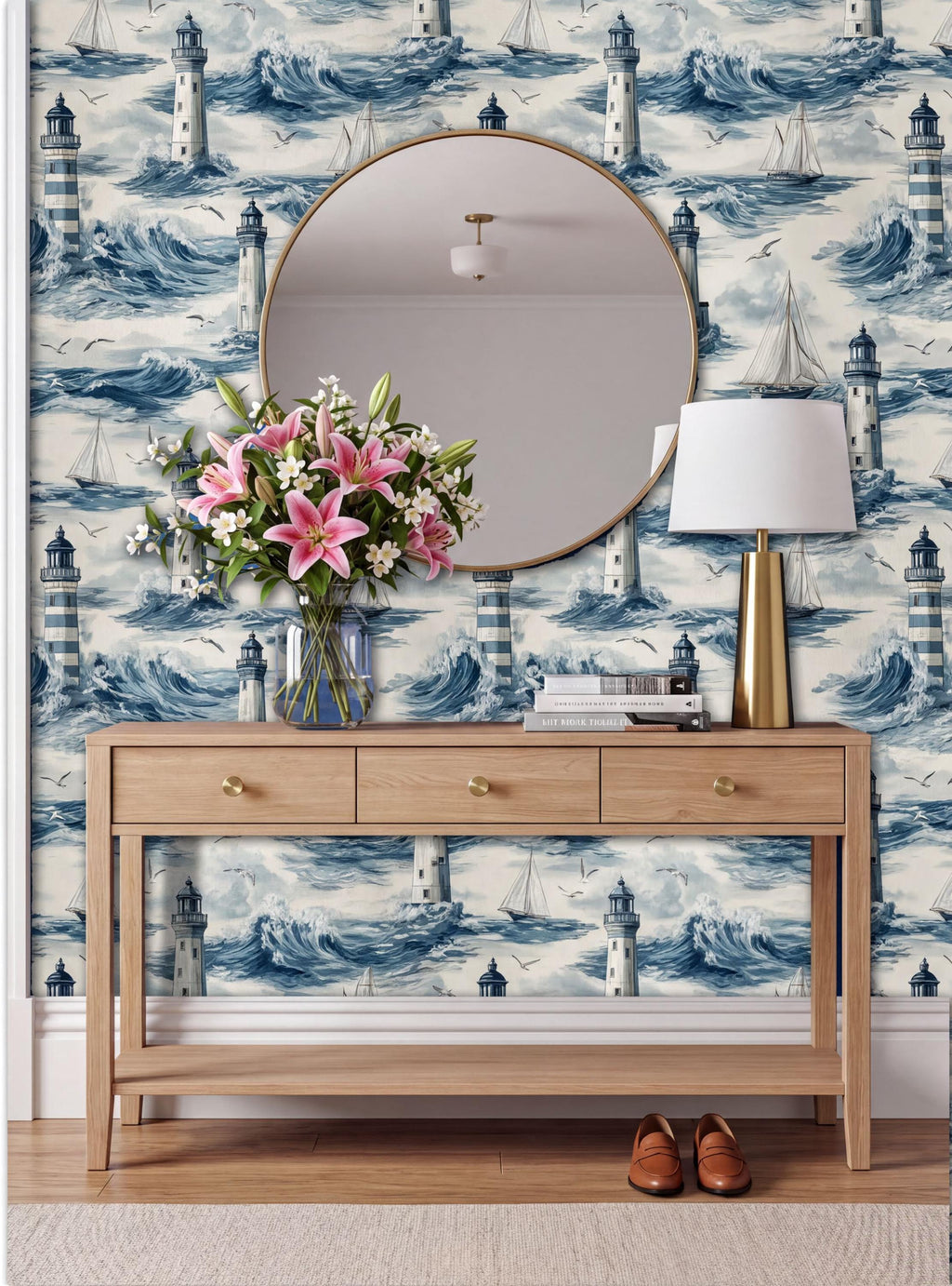 a wooden console table with a round mirror above it, set against a wall with a blue and white lighthouse wallpaper. The table has a vase of pink flowers and a lamp on it.