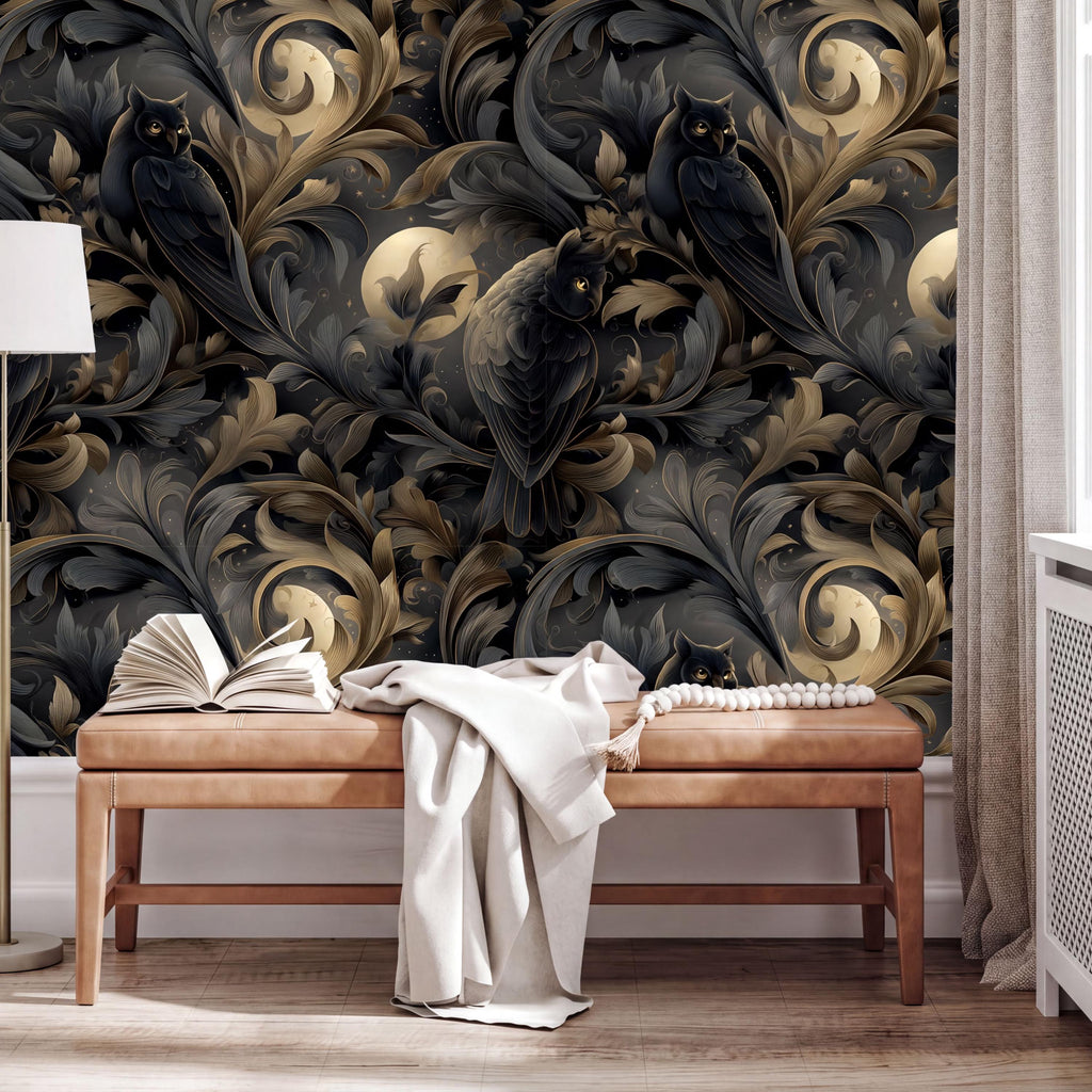 a dark, ornate wallpaper with a floral pattern in shades of black and gold. In the foreground, there is a wooden bench with an open book and a white blanket draped over it.