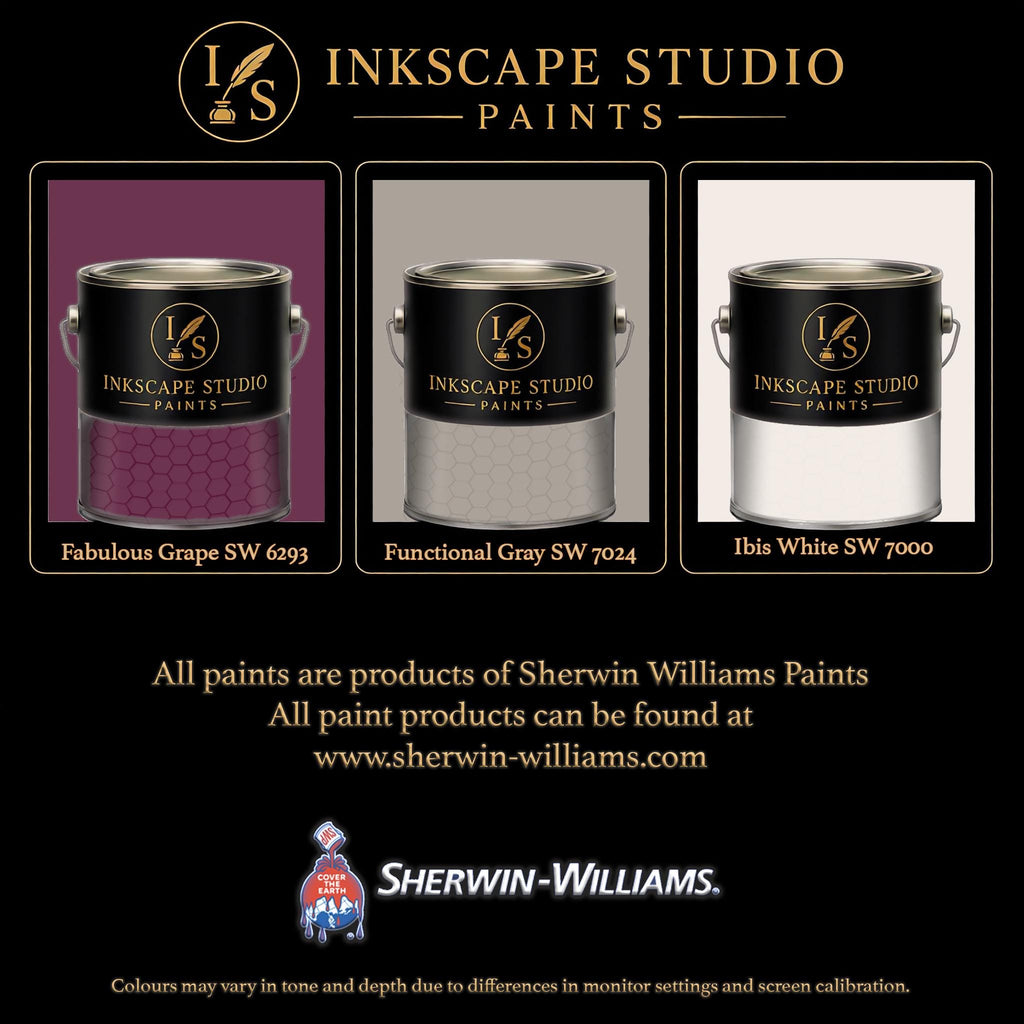 The image is an advertisement for Sherwin Williams paints, featuring three different paint colors: Fabulous Grape, Functional Gray, and Iris White. The text highlights that all paints are products of Sherwin Williams Paints, and the website www. Sherwin-Williams.com is provided for further information. The image also mentions that the colors may vary in tone and depth due to differences in monitor settings and screen calibration.