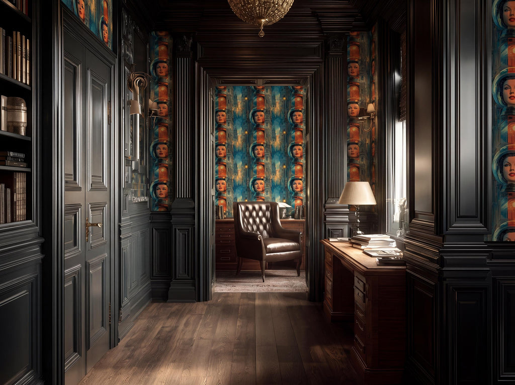 a luxurious and ornate room with dark wood paneling, a chandelier, and a patterned wallpaper. The room features a desk with a lamp, a chair, and a bookshelf filled with books.