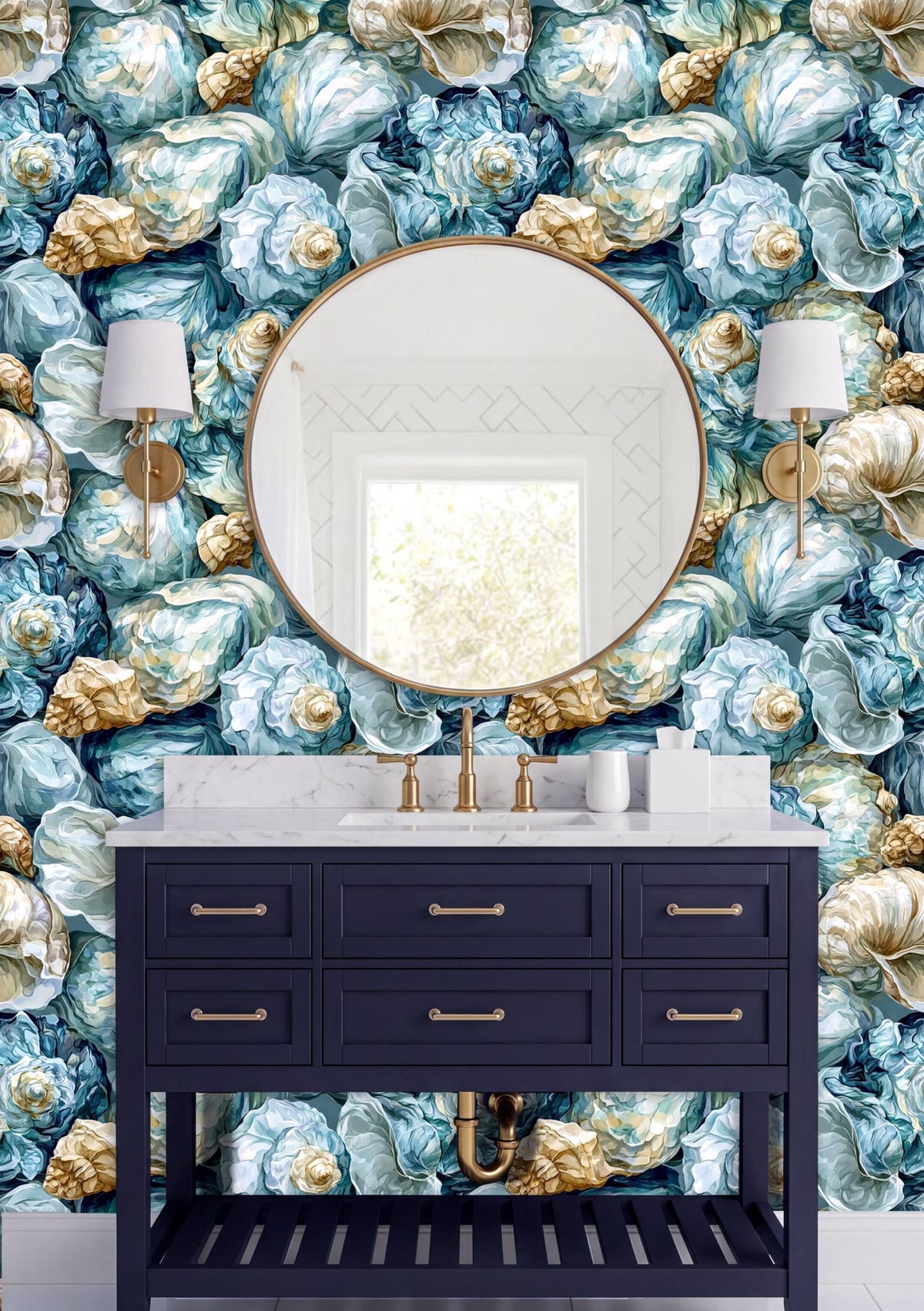 a bathroom vanity with a black countertop and a round mirror above it. The wall behind the vanity is covered in a vibrant floral wallpaper in shades of blue, green, and gold. There are two wall sconces on either side of the vanity, and the overall color scheme creates a harmonious and visually appealing design.