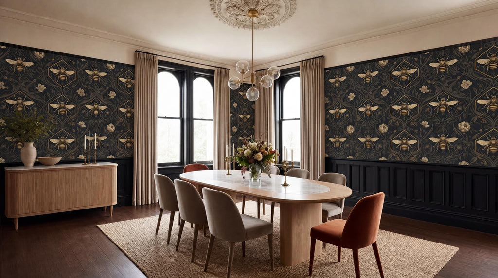 a formal dining room with a large wooden table surrounded by six chairs. The walls are adorned with a black and gold wallpaper pattern featuring bees and flowers. The room is illuminated by a chandelier and natural light coming through two large windows. The dining table is set with a vase of flowers and candles, creating a warm and inviting atmosphere.