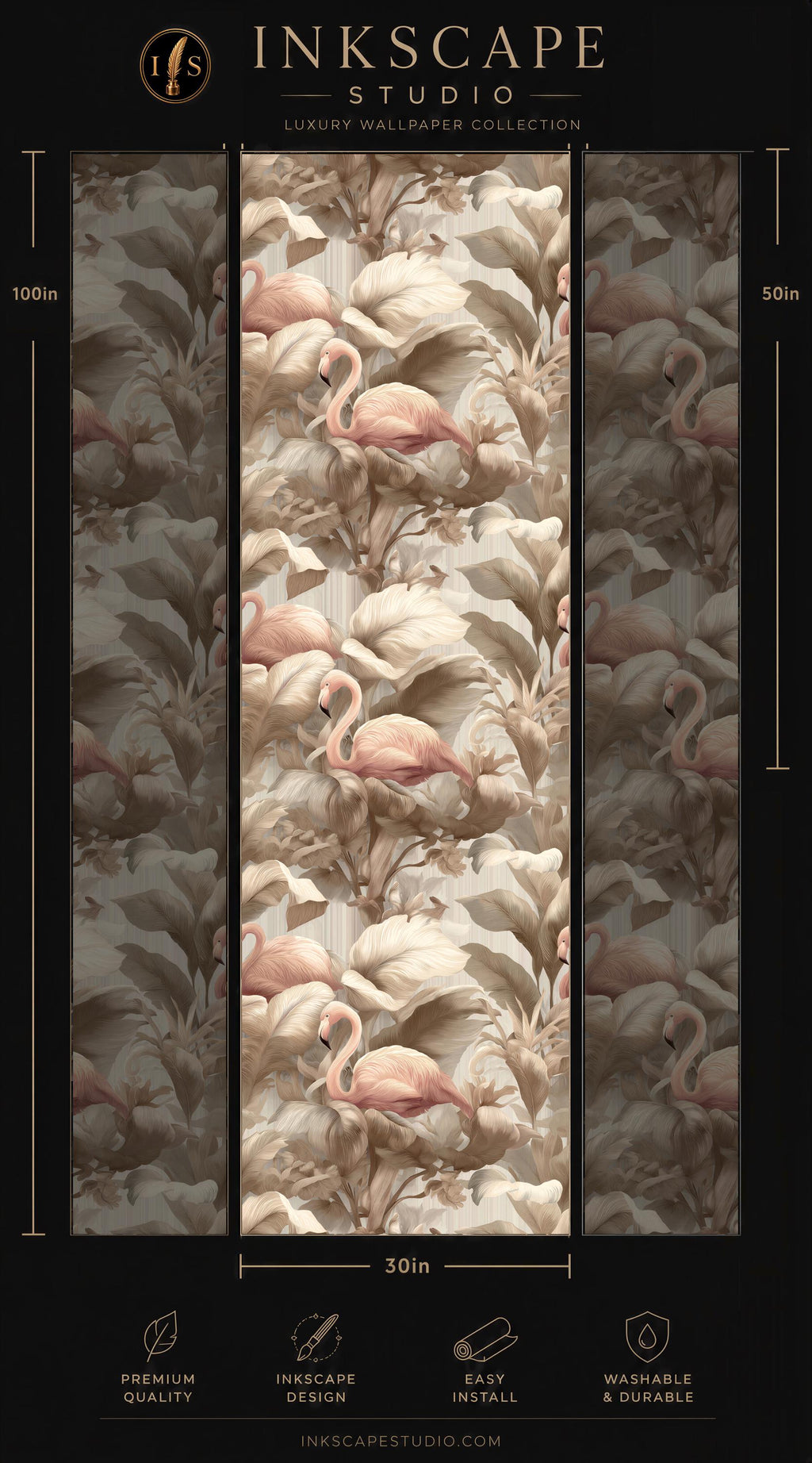 The image is a wallpapered wall with a repeating pattern of pink flamingos and leaves. The wallpapered wall is part of a luxury wallpaper collection from the Inkscape Studio.