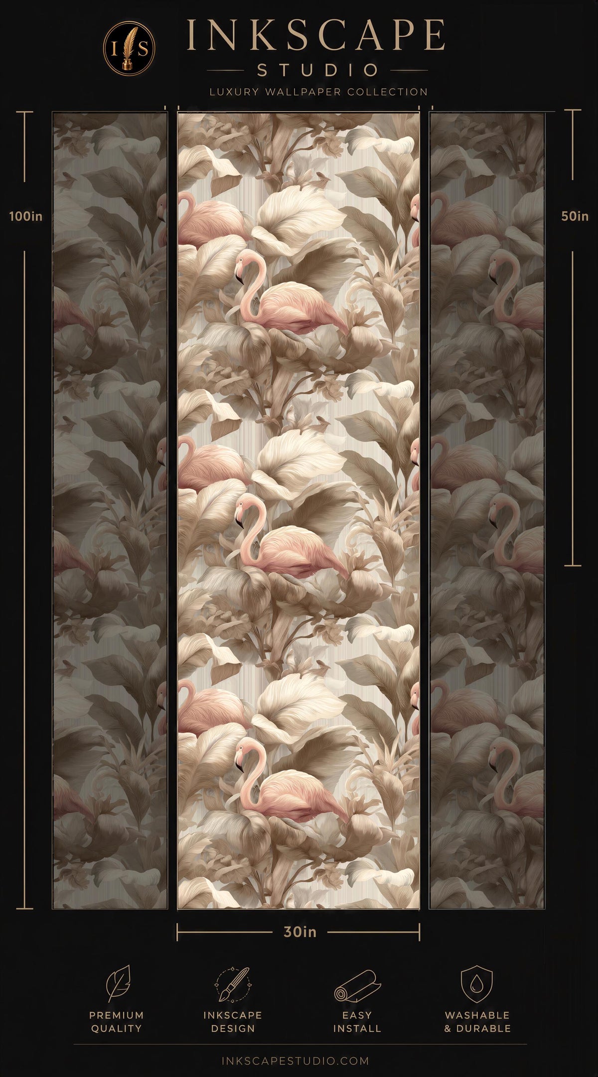 The image is a wallpapered wall with a repeating pattern of pink flamingos and leaves. The wallpapered wall is part of a luxury wallpaper collection from the Inkscape Studio.