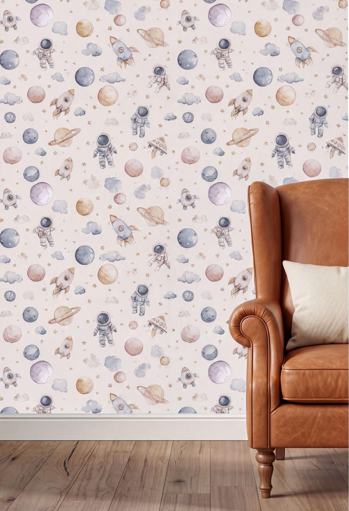 a wallpaper with a space-themed pattern, including planets, stars, and a rocket ship. The wallpaper is set against a wooden floor and a brown leather armchair.