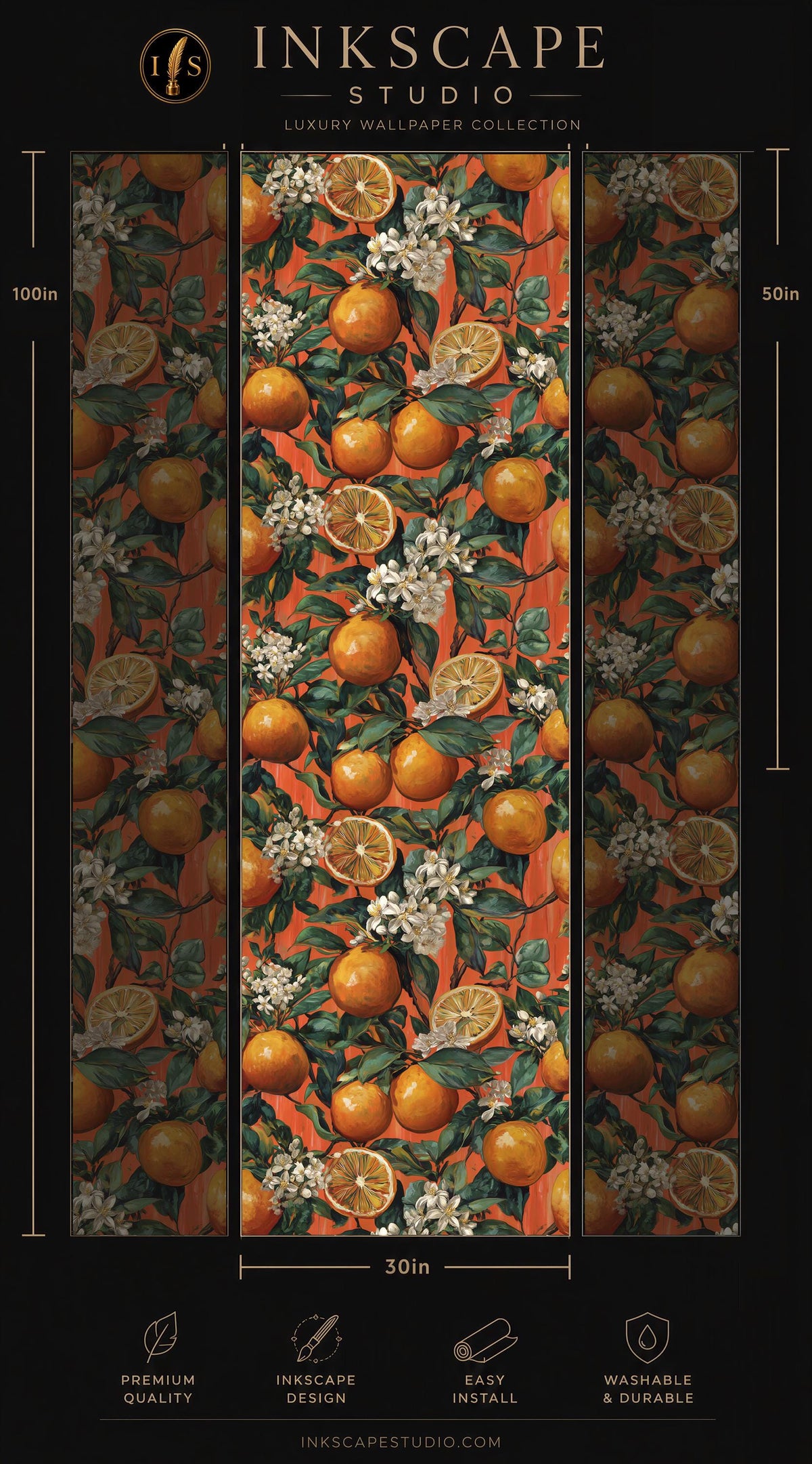 The image is a collage of three panels featuring a repeating pattern of oranges and white flowers on a red background. The panels are arranged in a vertical format, with the largest panel at the top and the smallest at the bottom. The image is described as a luxury wallpaper collection, and it is 30 inches wide. The image also includes some text that provides information about the wallpaper, such as its premium quality, easy installation, and washable and durable nature.