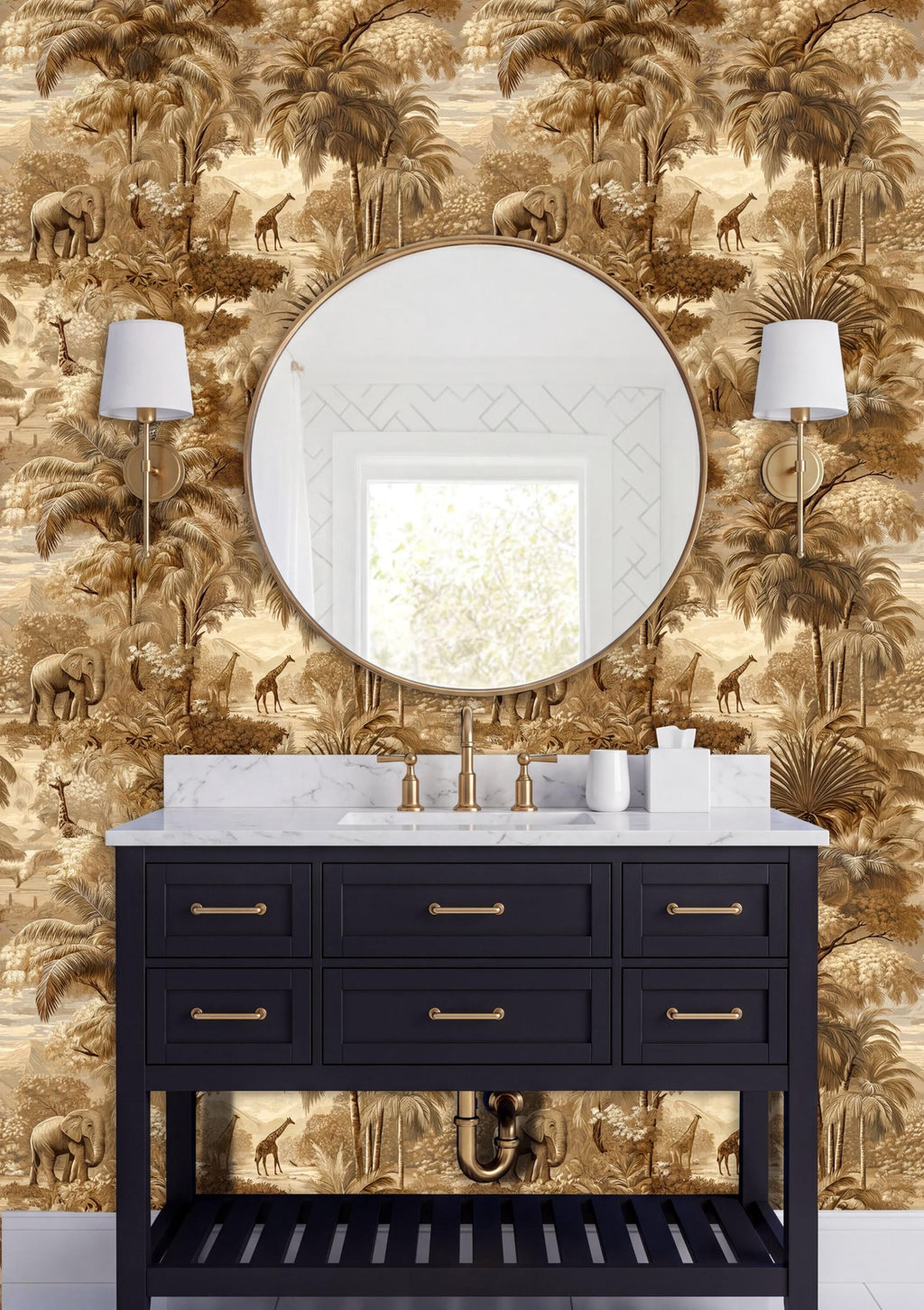 a bathroom vanity with a black countertop and a round mirror above it. The wall behind the vanity has a gold and brown tropical wallpaper pattern. There are two white lamps on either side of the vanity, and the overall color scheme is predominantly black and gold.