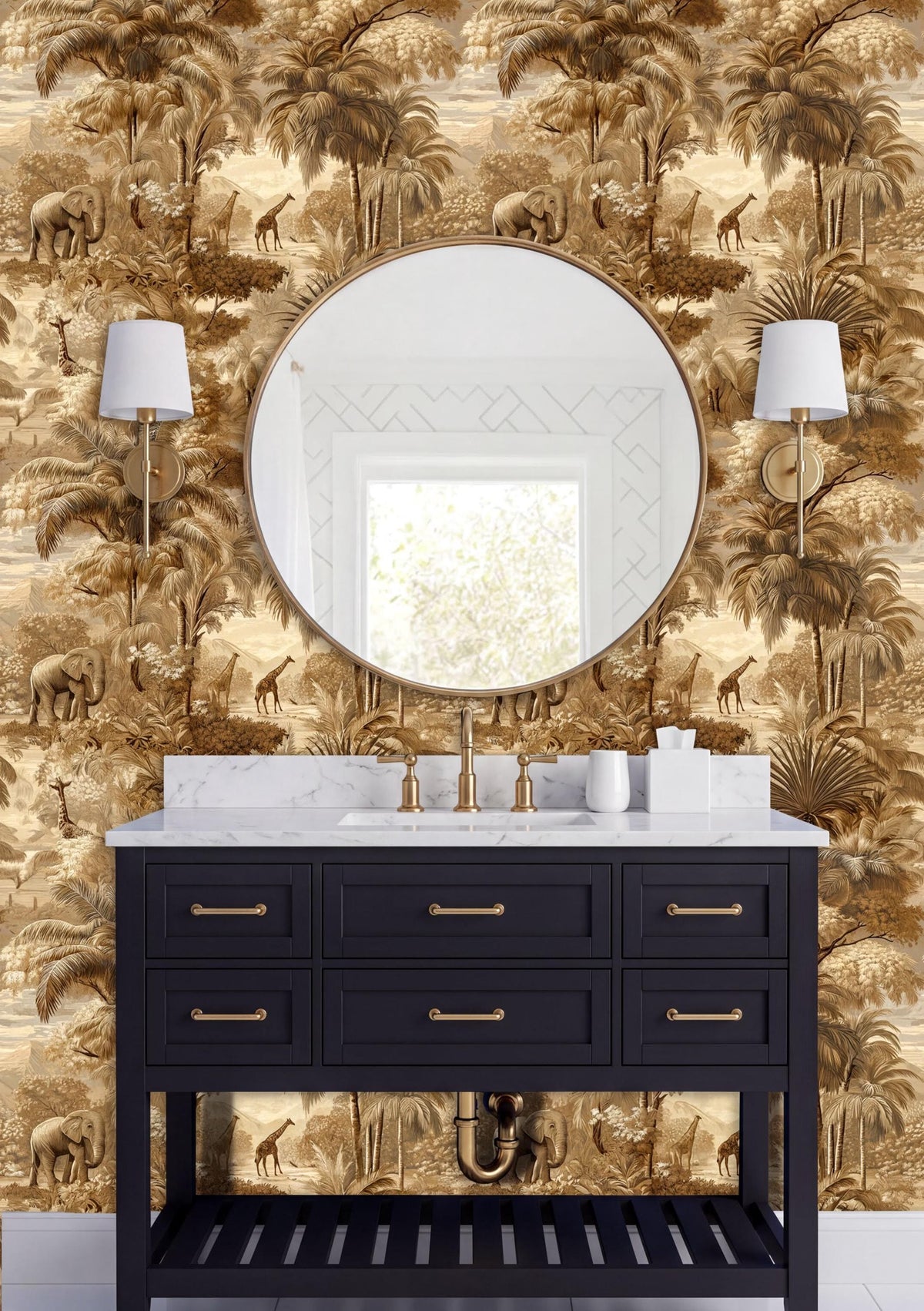 a bathroom vanity with a black countertop and a round mirror above it. The wall behind the vanity has a gold and brown tropical wallpaper pattern. There are two white lamps on either side of the vanity, and the overall color scheme is predominantly black and gold.