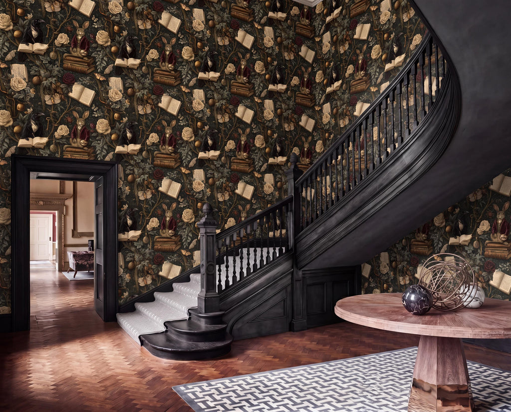 a grand, ornate hallway with a wooden staircase, a round table, and a patterned rug on the floor. The walls are covered in a wallpaper with a floral and botanical motif, creating a warm and inviting atmosphere.