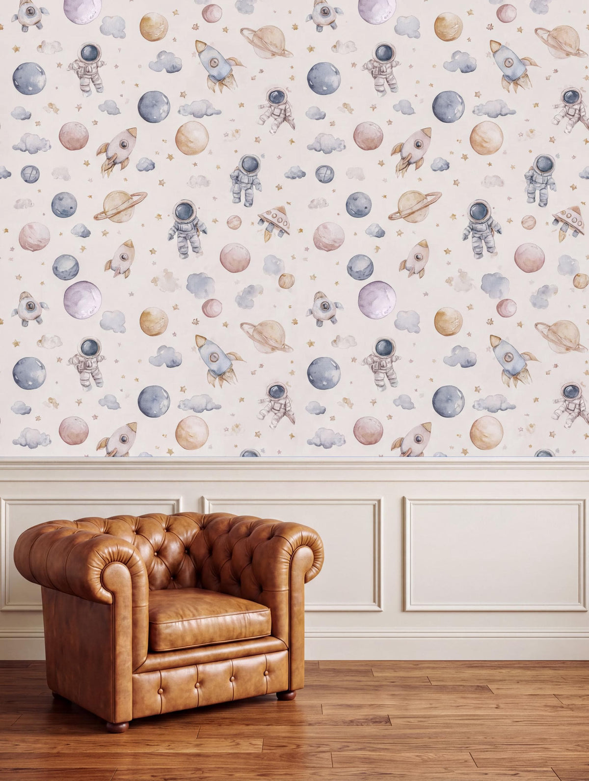 a brown leather armchair positioned in front of a wall with a space-themed wallpaper.