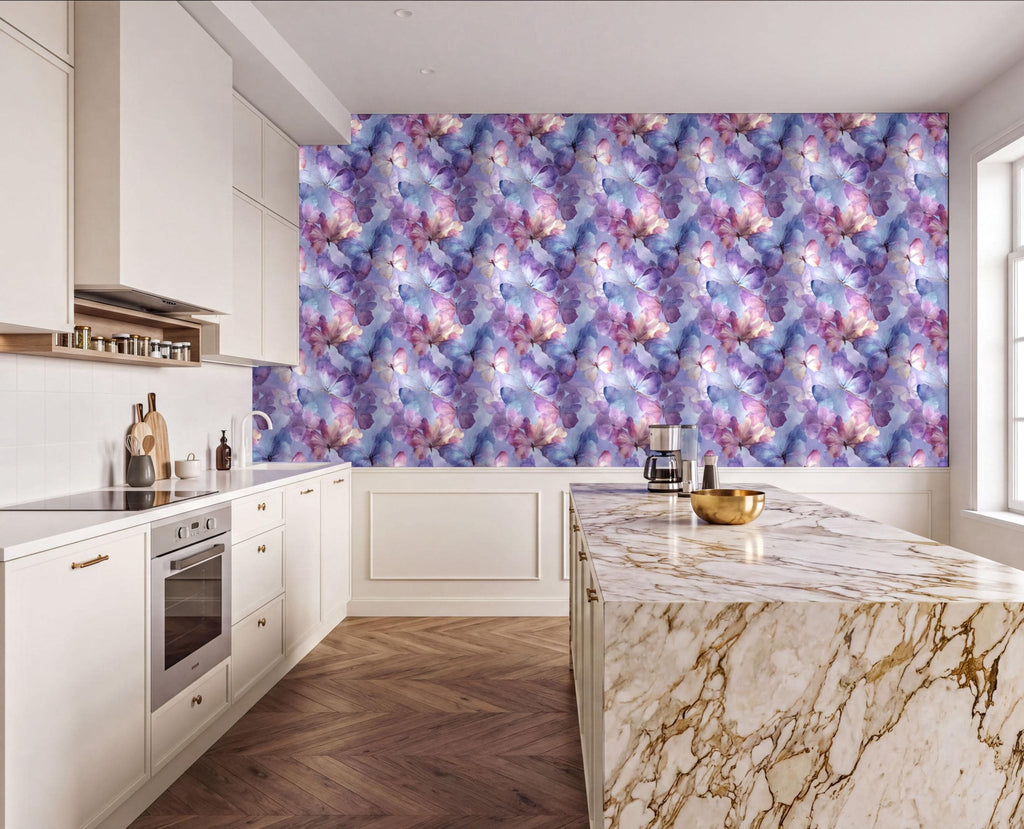 a modern kitchen with a marble countertop and a large, colorful wallpaper featuring a floral pattern in shades of purple, pink, and blue. The kitchen is well-equipped with white cabinets and a stainless steel oven, and there are various kitchen accessories and appliances visible, such as a coffee maker and a bowl.