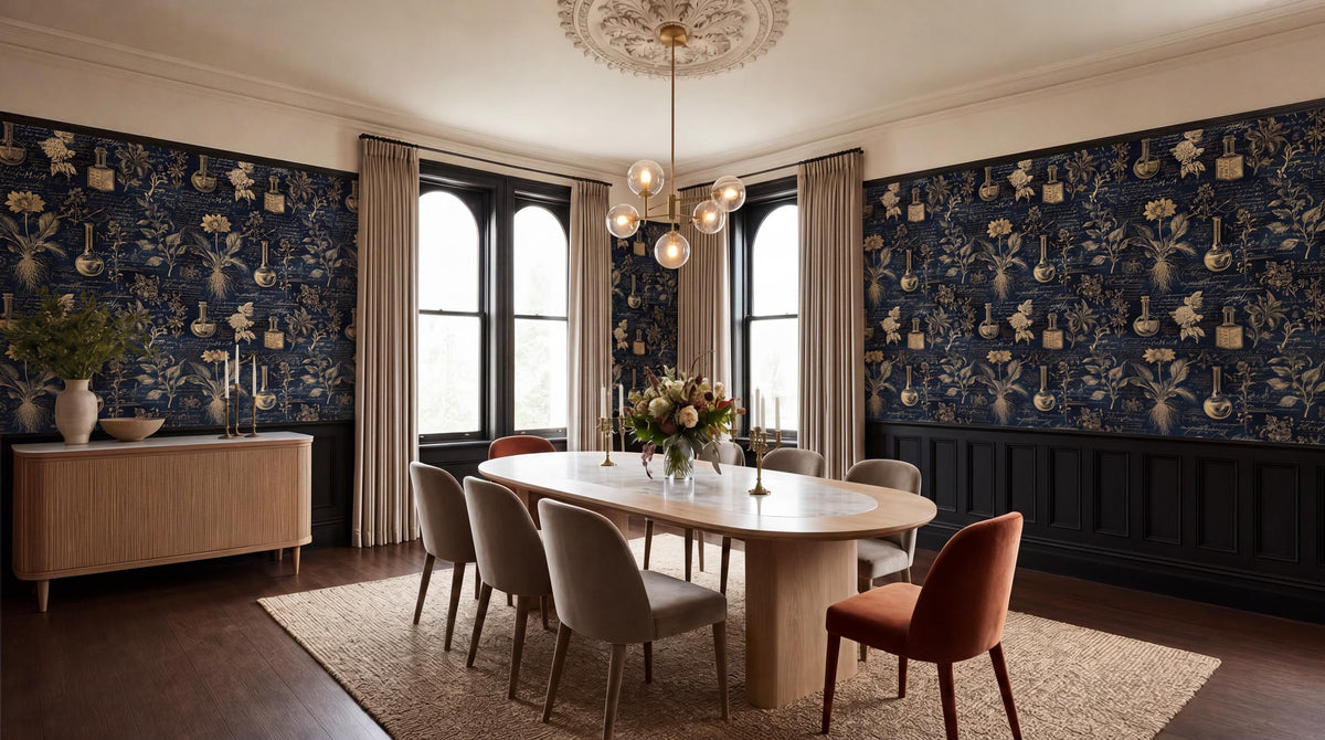 a luxurious dining room with a large wooden table surrounded by plush chairs, a chandelier overhead, and a striking blue and gold wallpaper pattern on the walls.