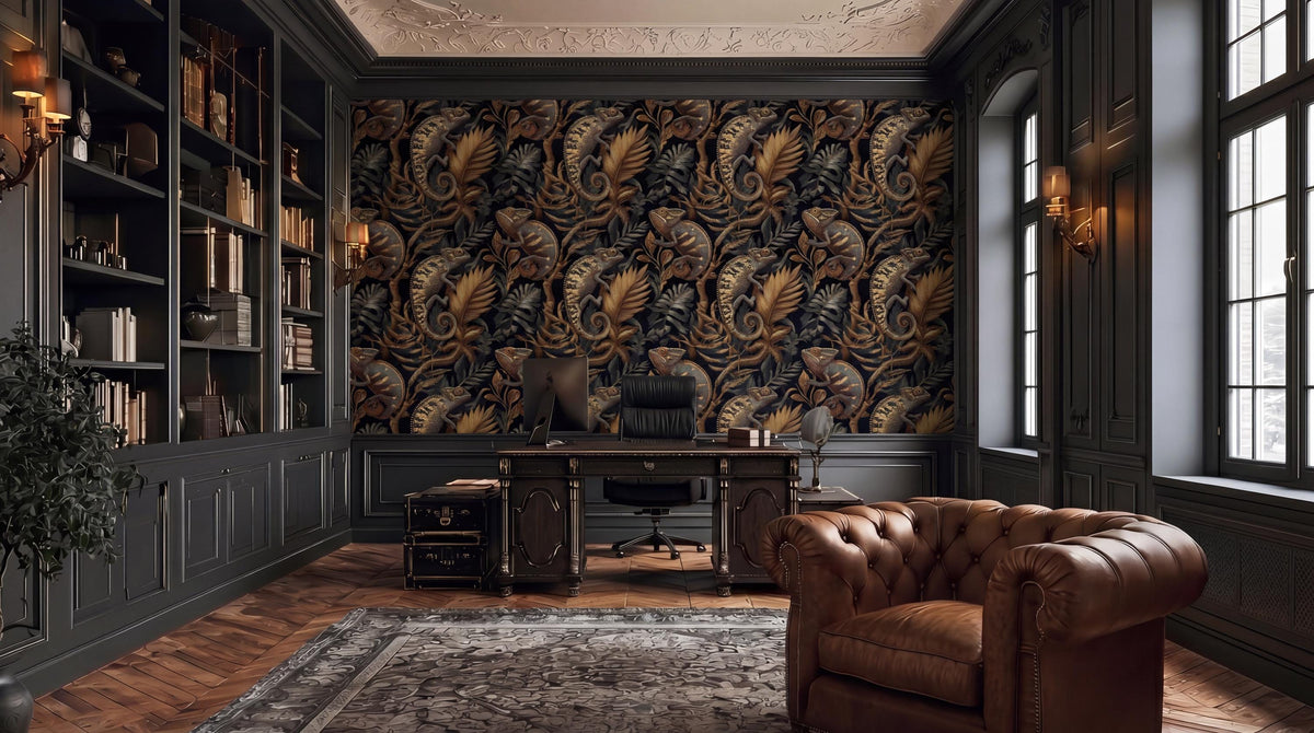 a luxurious and elegant home office with dark wood paneling, a large patterned wallpaper, and a leather armchair. The room features a desk, a large window, and a bookshelf filled with books and decorative items.